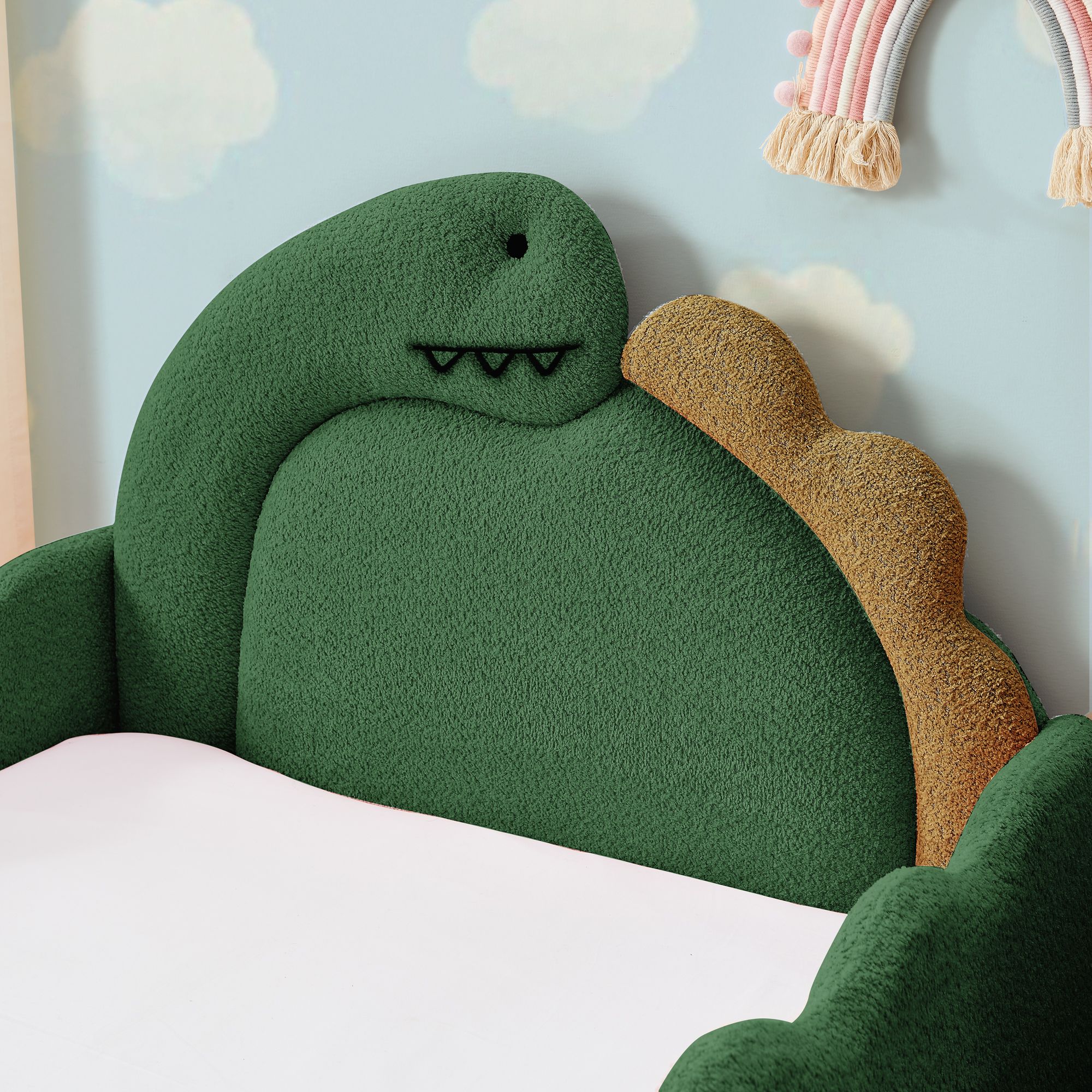 Twin Size Cute Dinosaur-Shaped Kids Bed with Safety Guardraild, Solid Wood Toddler Bed Frame for Children for Bedroom, Boucle Fabric - Image 4