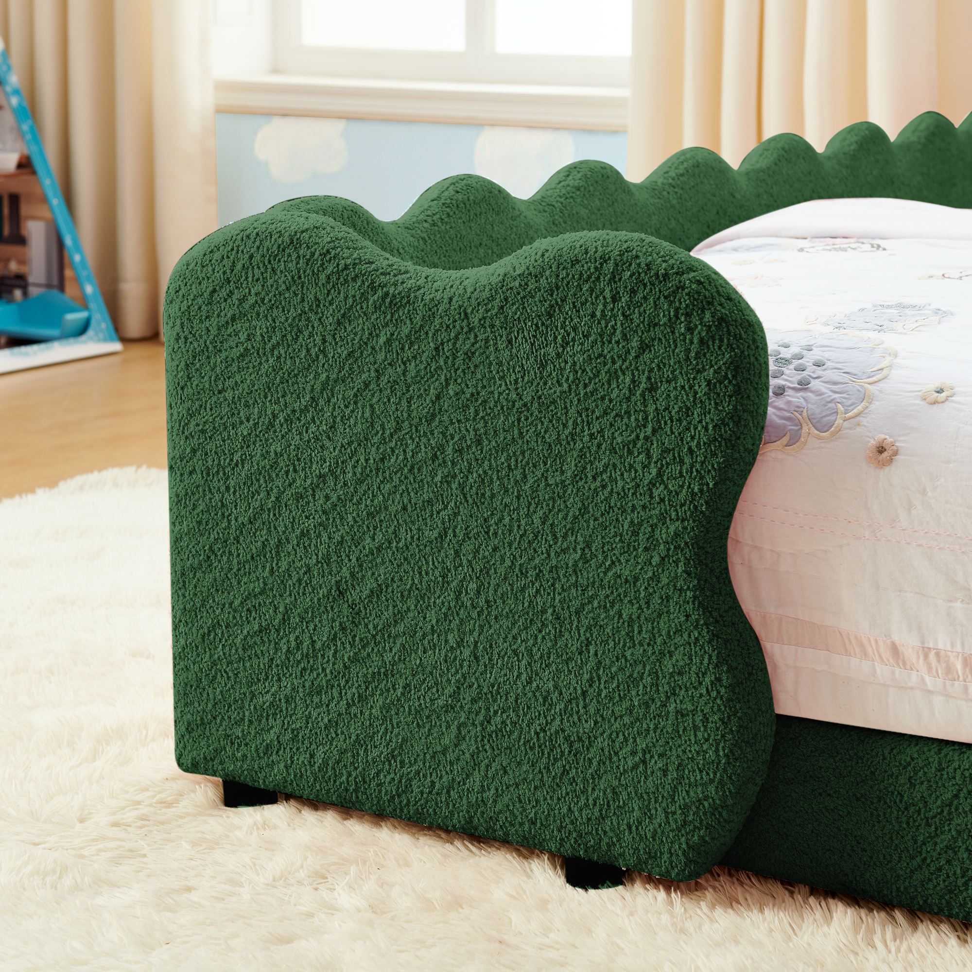 Twin Size Cute Dinosaur-Shaped Kids Bed with Safety Guardraild, Solid Wood Toddler Bed Frame for Children for Bedroom, Boucle Fabric - Image 6