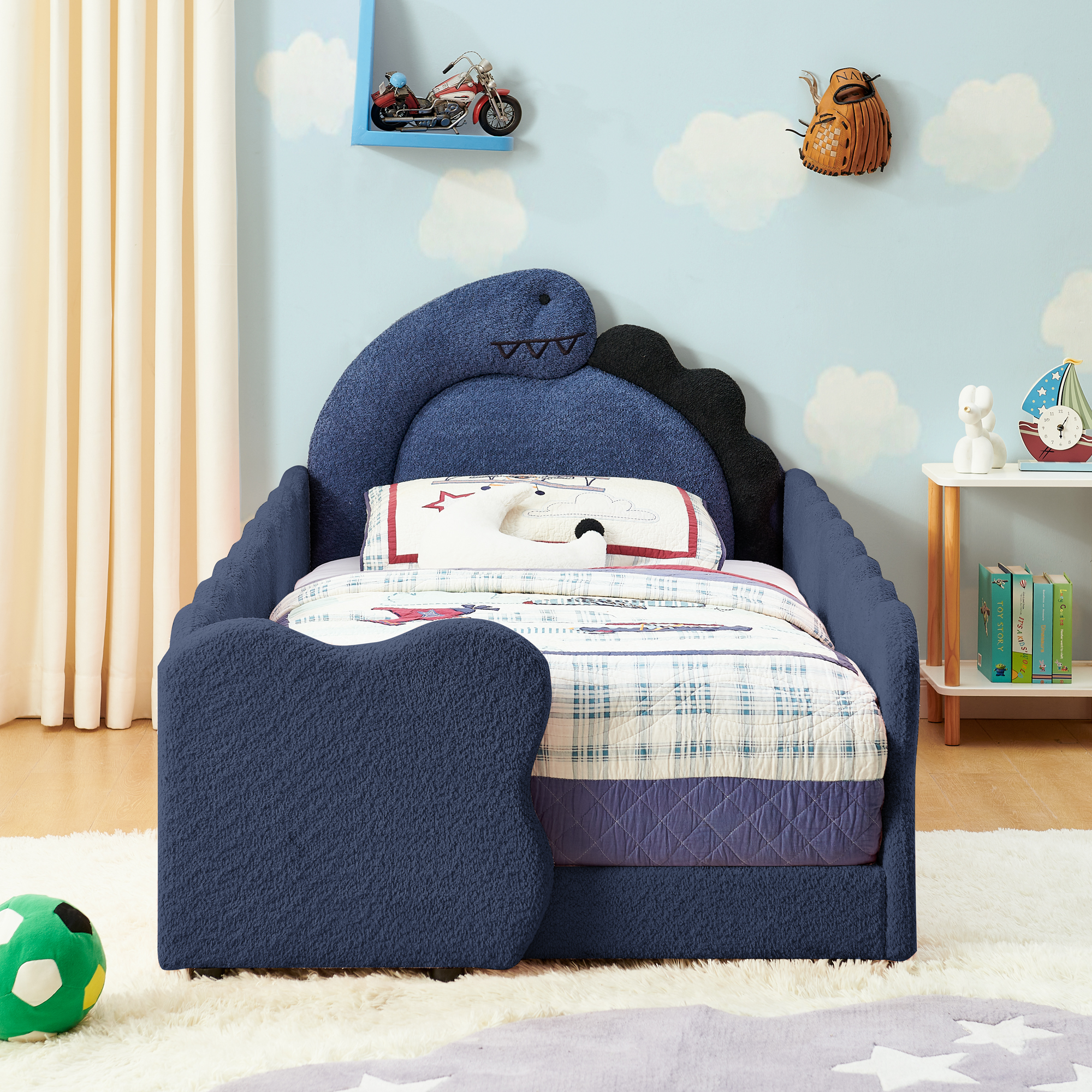Twin Size Cute Dinosaur-Shaped Kids Bed with Safety Guardraild, Solid Wood Toddler Bed Frame for Children for Bedroom, Boucle Fabric - Image 1