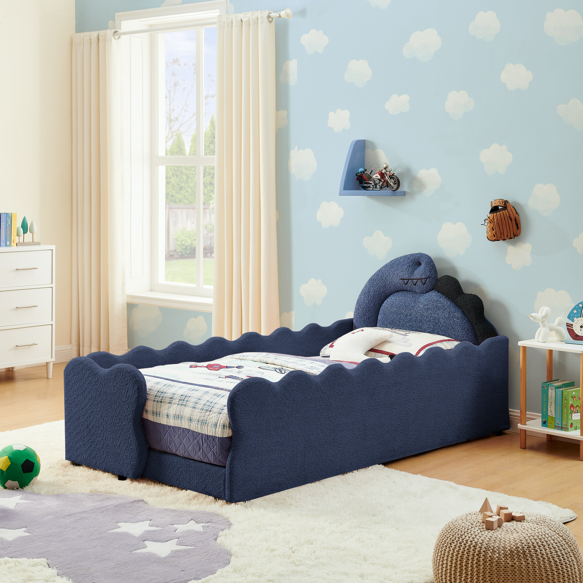 Twin Size Cute Dinosaur-Shaped Kids Bed with Safety Guardraild, Solid Wood Toddler Bed Frame for Children for Bedroom, Boucle Fabric - Image 2