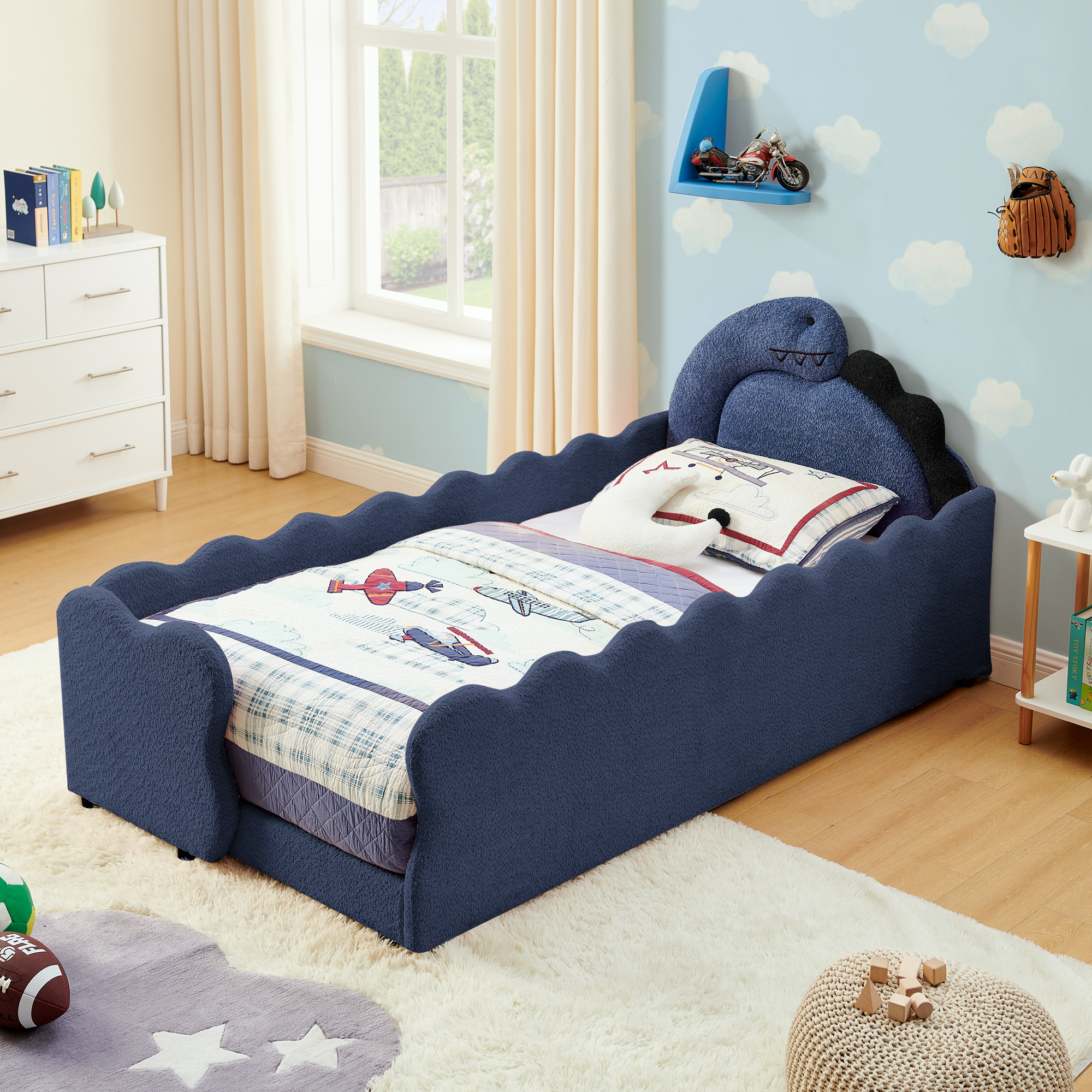 Twin Size Cute Dinosaur-Shaped Kids Bed with Safety Guardraild, Solid Wood Toddler Bed Frame for Children for Bedroom, Boucle Fabric - Image 3