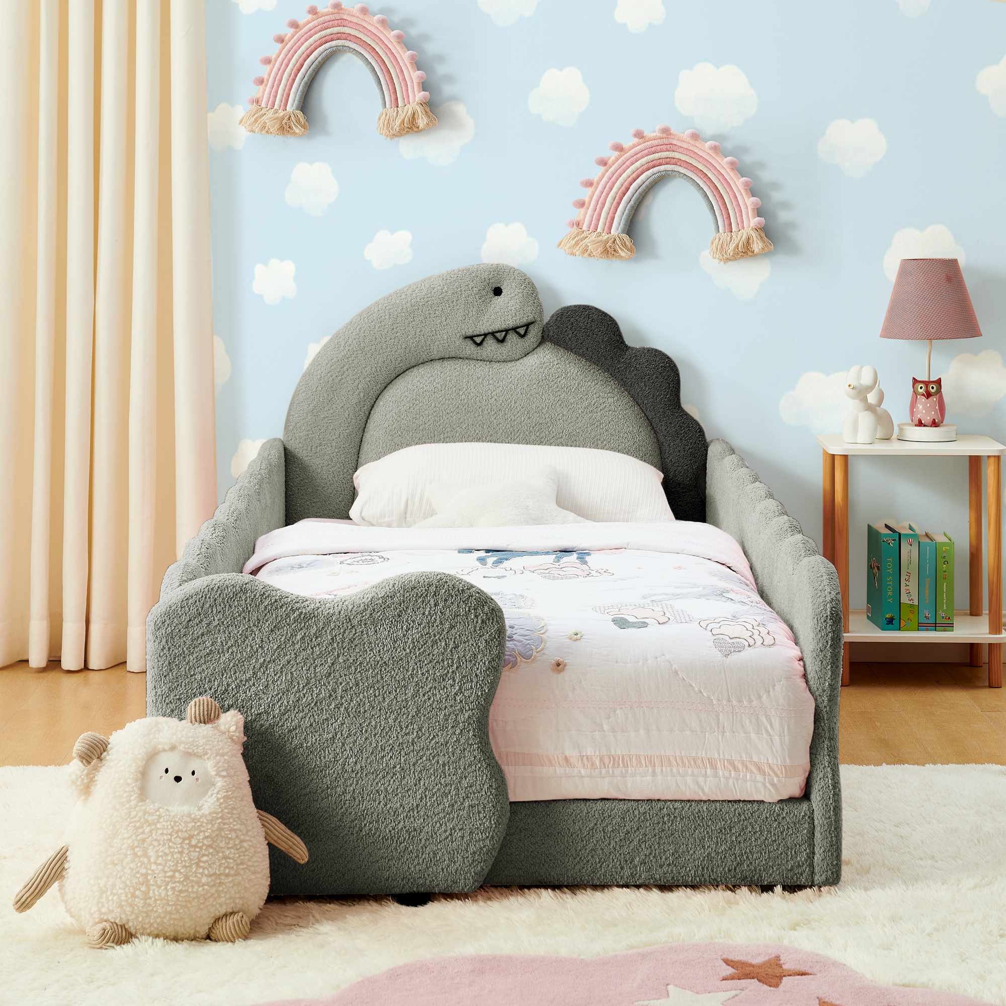 Twin Size Cute Dinosaur-Shaped Kids Bed with Safety Guardraild, Solid Wood Toddler Bed Frame for Children for Bedroom, Boucle Fabric - Image 1