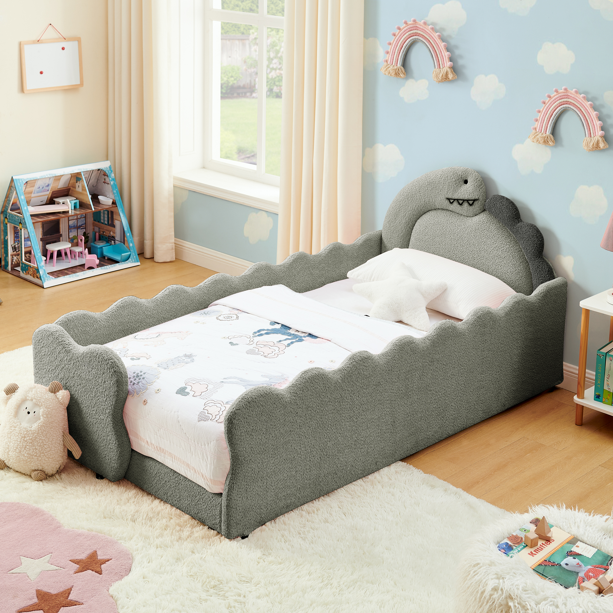 Twin Size Cute Dinosaur-Shaped Kids Bed with Safety Guardraild, Solid Wood Toddler Bed Frame for Children for Bedroom, Boucle Fabric - Image 2