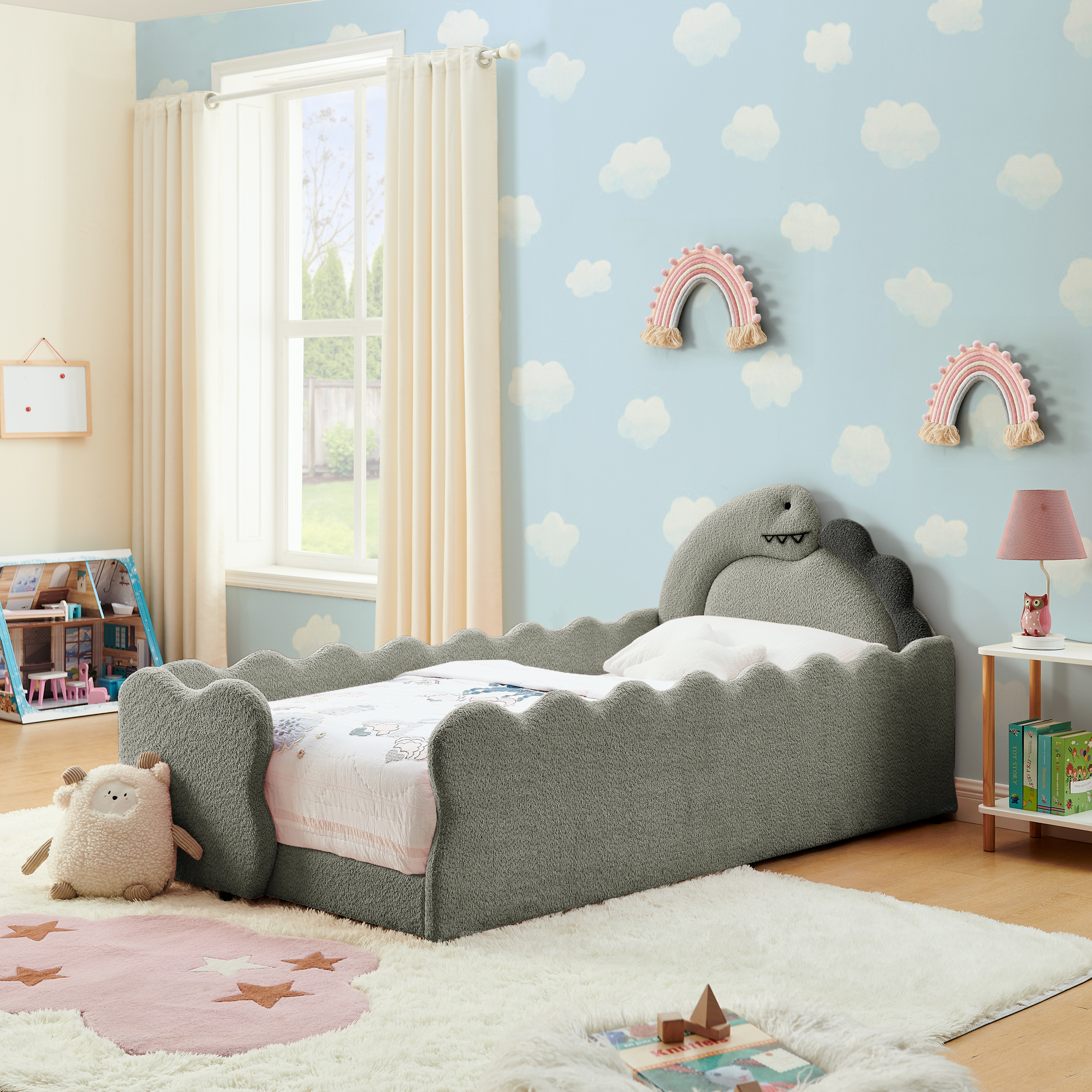 Twin Size Cute Dinosaur-Shaped Kids Bed with Safety Guardraild, Solid Wood Toddler Bed Frame for Children for Bedroom, Boucle Fabric - Image 3