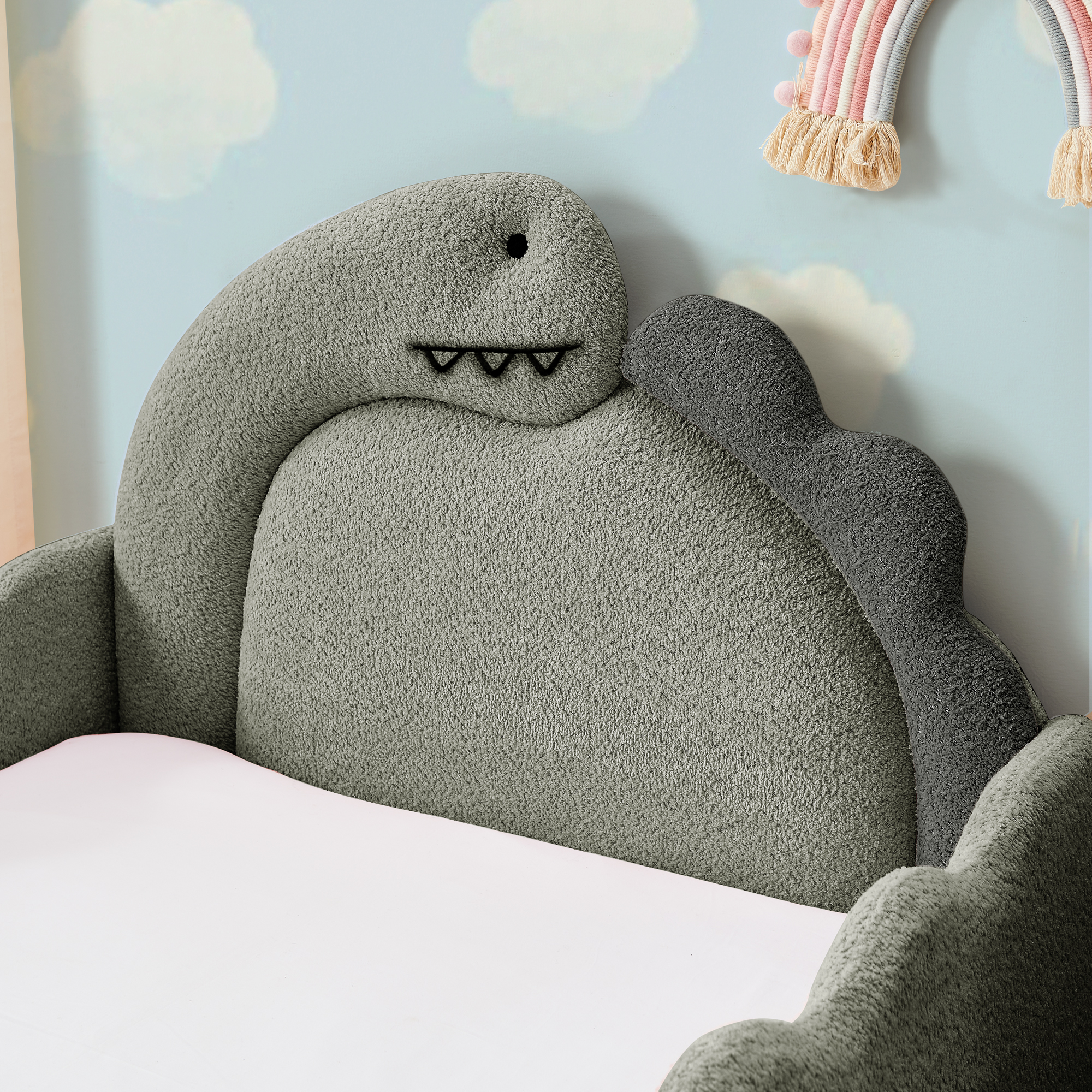 Twin Size Cute Dinosaur-Shaped Kids Bed with Safety Guardraild, Solid Wood Toddler Bed Frame for Children for Bedroom, Boucle Fabric - Image 4