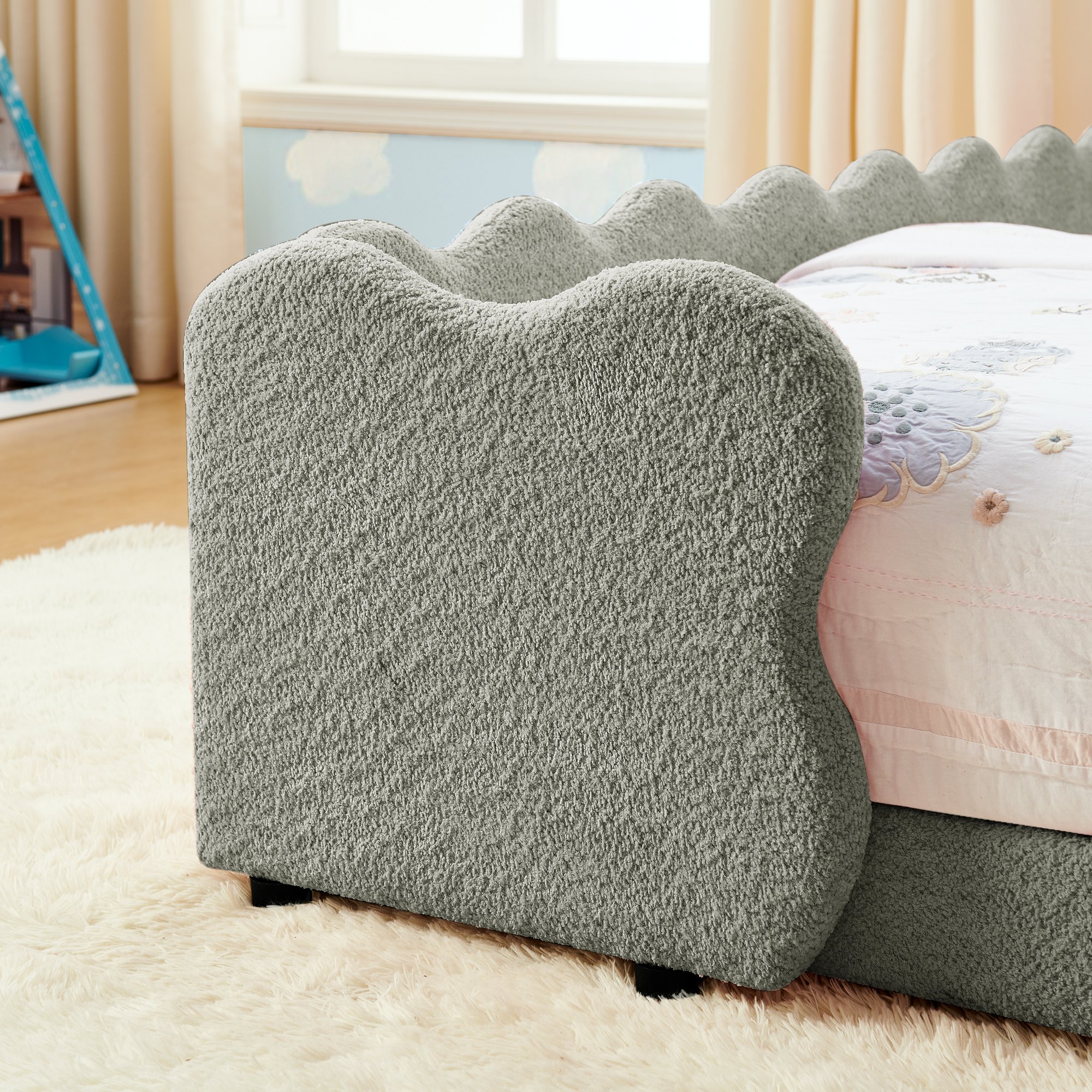 Twin Size Cute Dinosaur-Shaped Kids Bed with Safety Guardraild, Solid Wood Toddler Bed Frame for Children for Bedroom, Boucle Fabric - Image 5