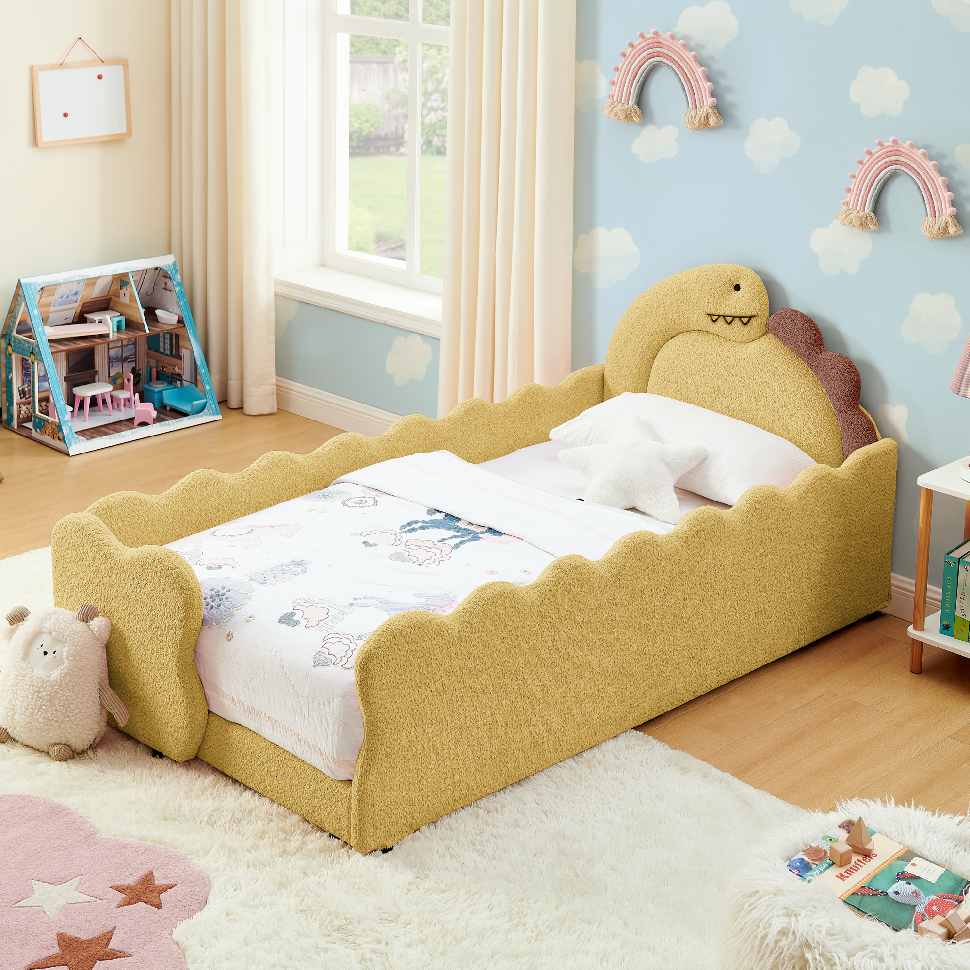 Twin Size Cute Dinosaur-Shaped Kids Bed with Safety Guardraild, Solid Wood Toddler Bed Frame for Children for Bedroom, Boucle Fabric - Image 2