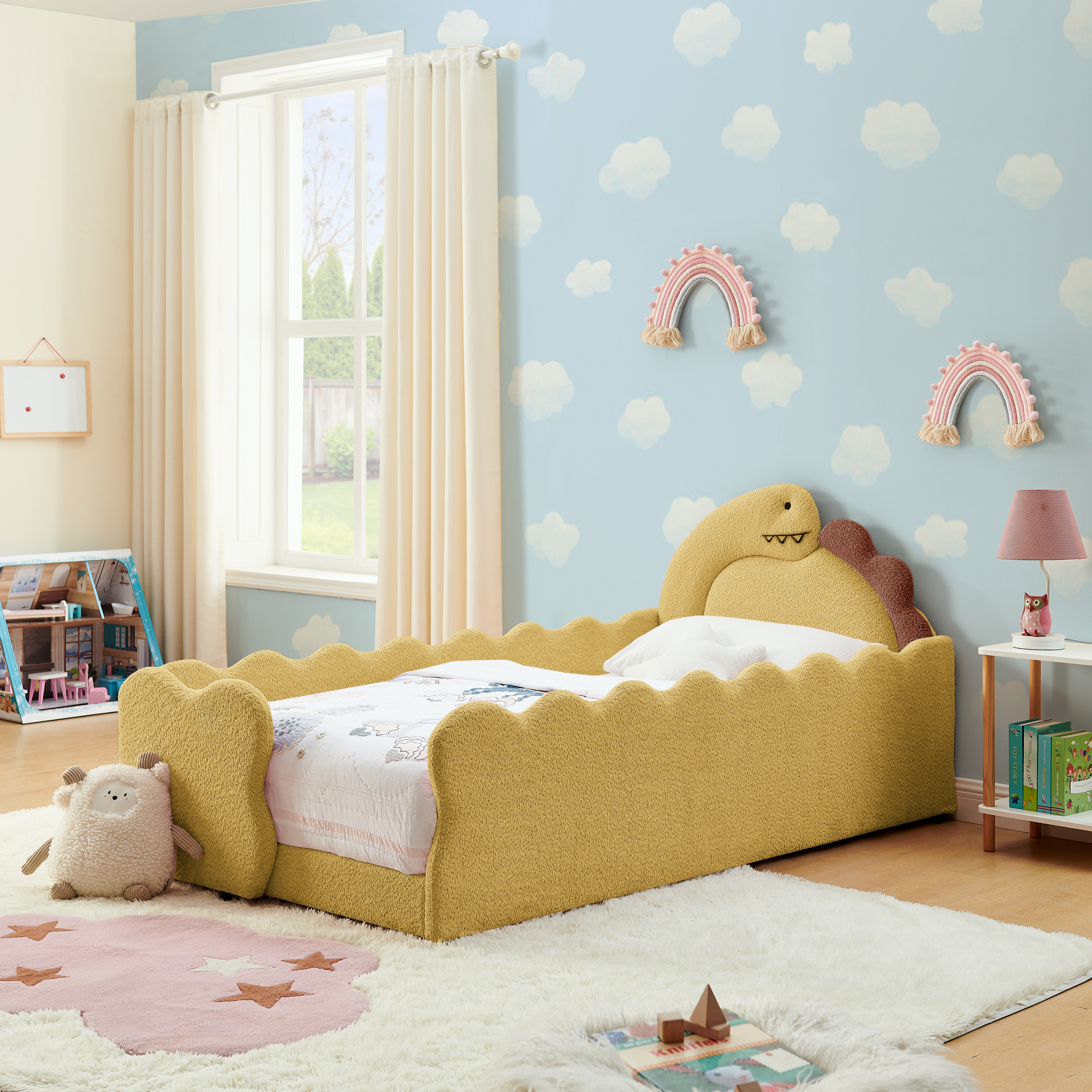 Twin Size Cute Dinosaur-Shaped Kids Bed with Safety Guardraild, Solid Wood Toddler Bed Frame for Children for Bedroom, Boucle Fabric - Image 3