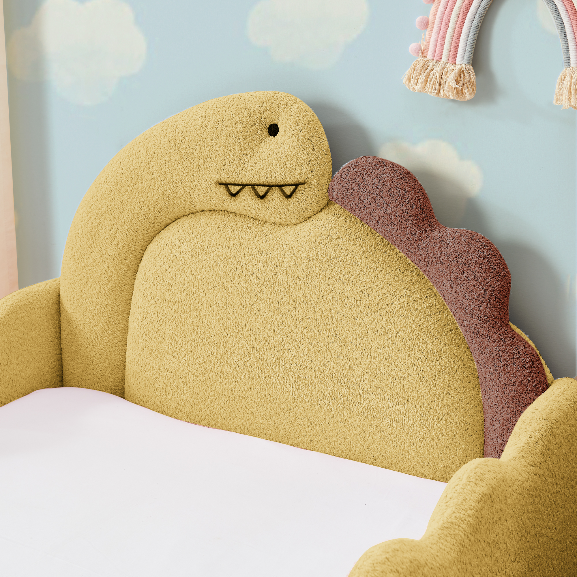 Twin Size Cute Dinosaur-Shaped Kids Bed with Safety Guardraild, Solid Wood Toddler Bed Frame for Children for Bedroom, Boucle Fabric - Image 4