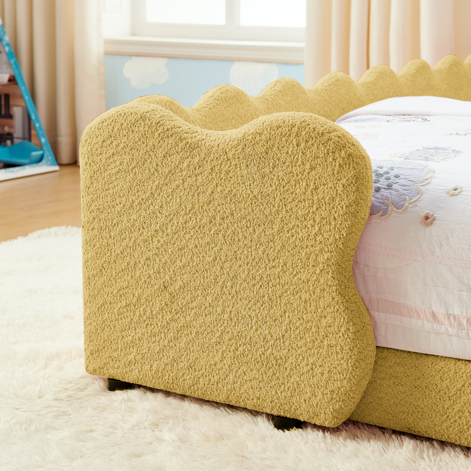 Twin Size Cute Dinosaur-Shaped Kids Bed with Safety Guardraild, Solid Wood Toddler Bed Frame for Children for Bedroom, Boucle Fabric - Image 5