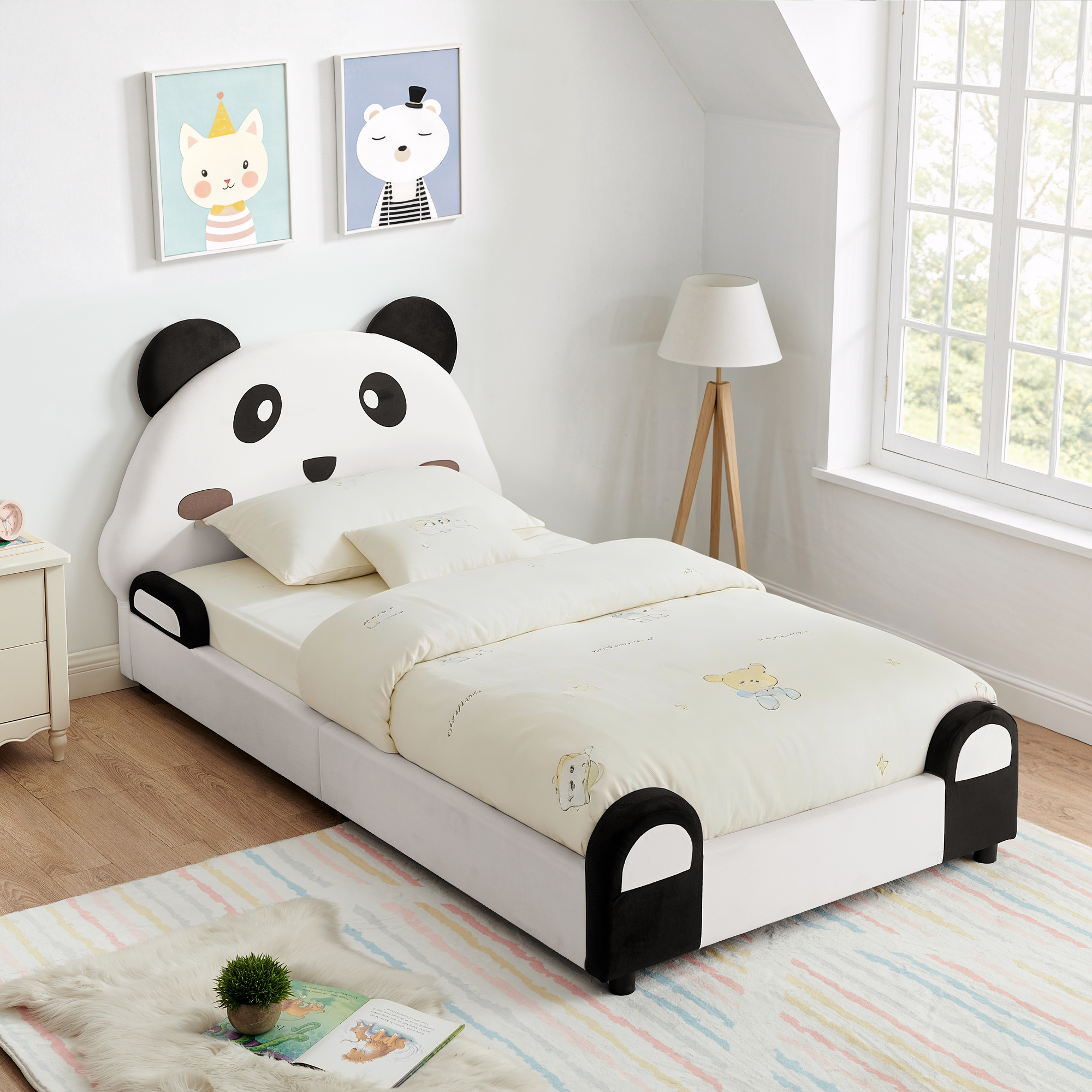 Twin Size Cute Panda-Shaped Kids Bed with Safety Soft Padded Edges, Solid Wood Toddler Bed Frame for Children for Bedroom, Velvet Fabric - Image 2