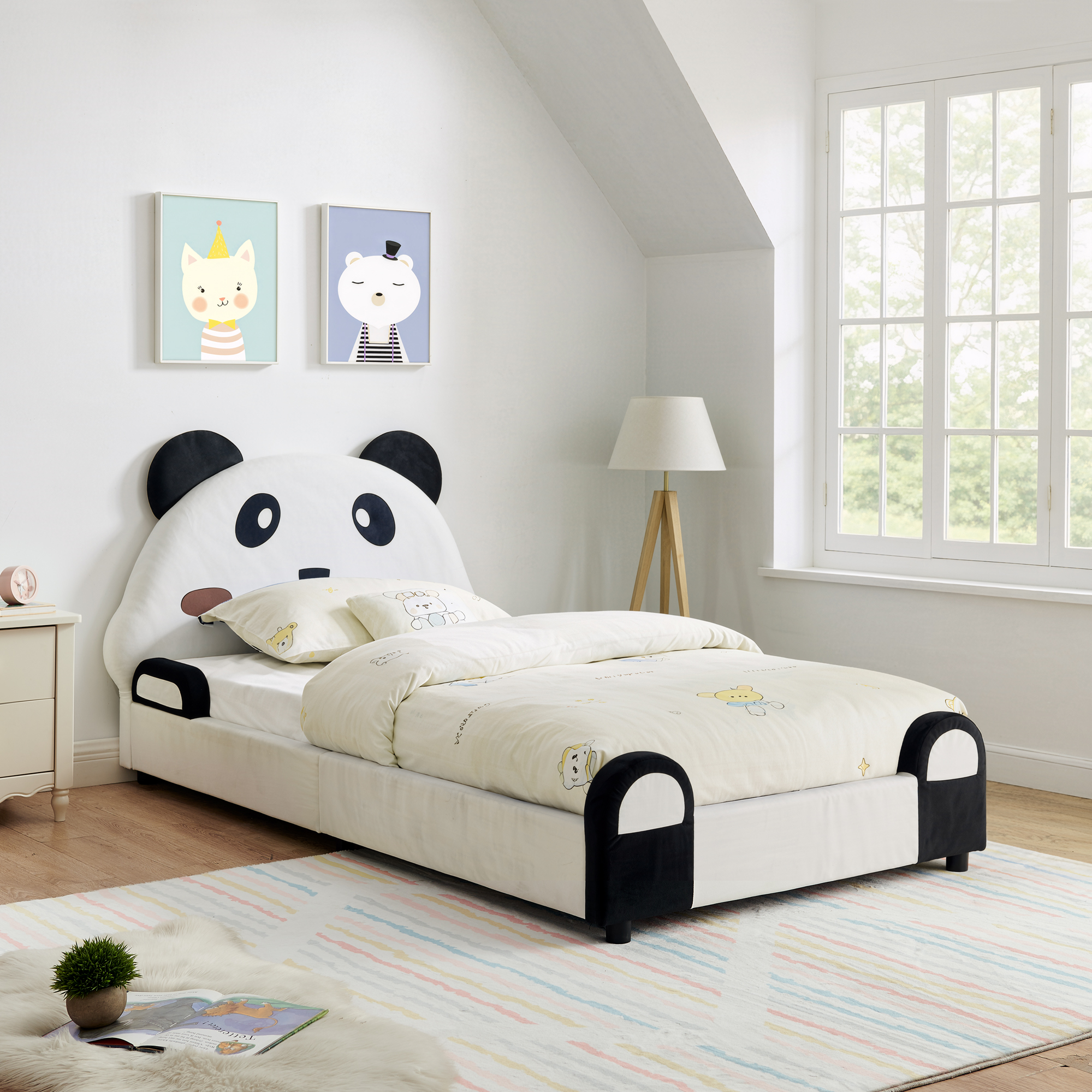 Twin Size Cute Panda-Shaped Kids Bed with Safety Soft Padded Edges, Solid Wood Toddler Bed Frame for Children for Bedroom, Velvet Fabric - Image 3