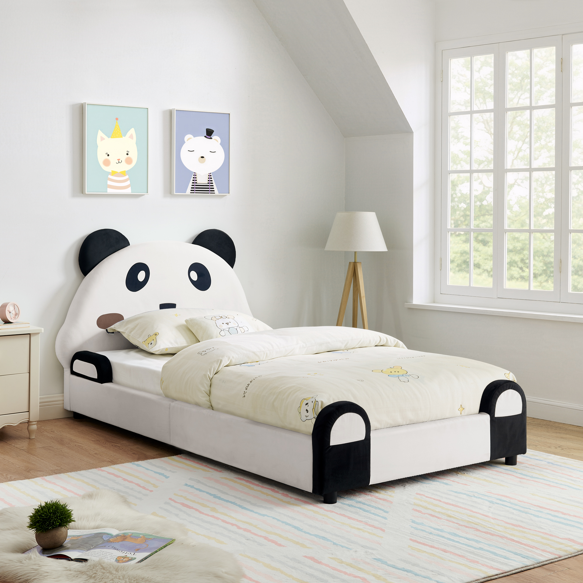 Twin Size Cute Panda-Shaped Kids Bed with Safety Soft Padded Edges, Solid Wood Toddler Bed Frame for Children for Bedroom, Velvet Fabric - Image 4