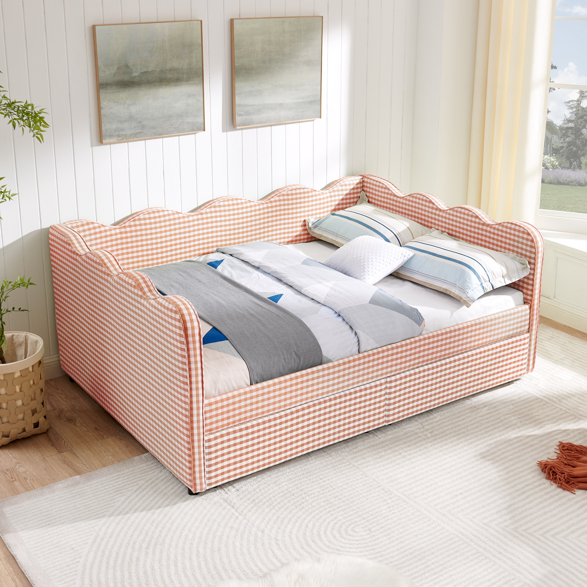 Full Size Cozy Gingham Daybed with Two Storage Drawers, with USB Port and Adorable Wave Shaped, Linen Fabric - Image 2