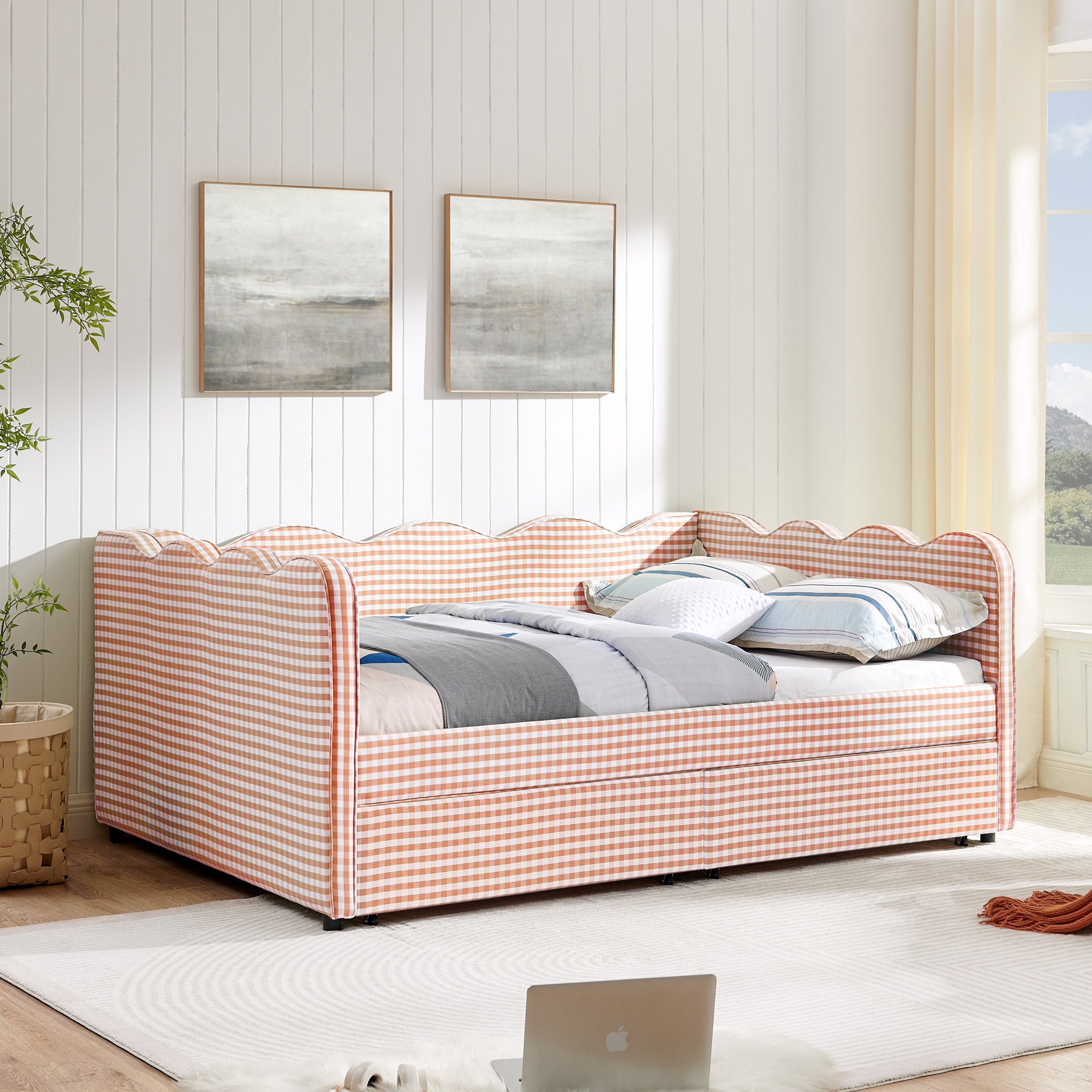 Full Size Cozy Gingham Daybed with Two Storage Drawers, with USB Port and Adorable Wave Shaped, Linen Fabric - Image 3