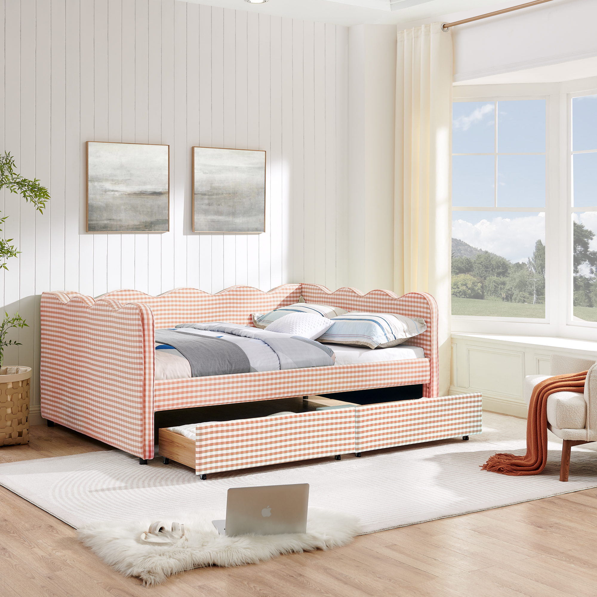 Full Size Cozy Gingham Daybed with Two Storage Drawers, with USB Port and Adorable Wave Shaped, Linen Fabric - Image 4