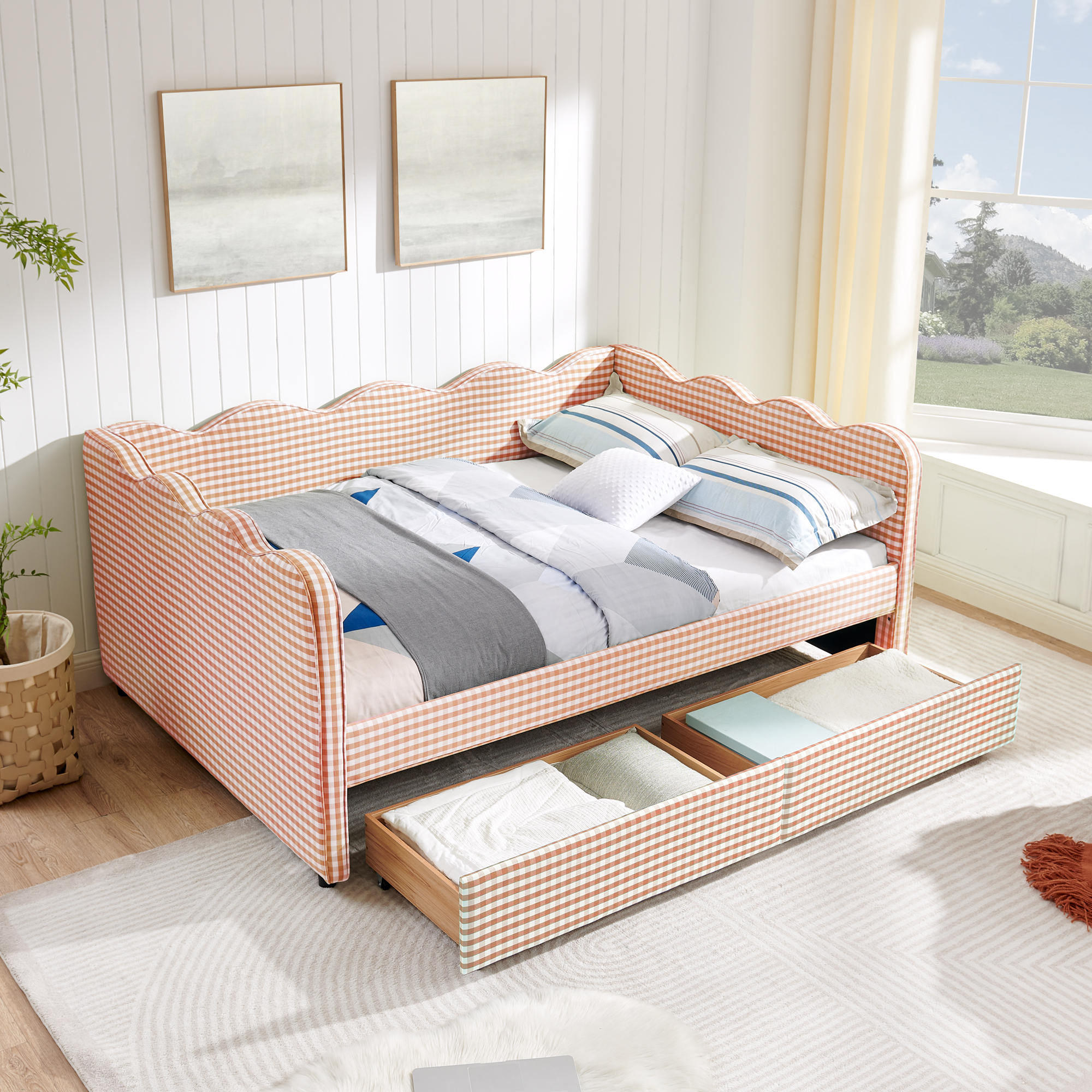 Full Size Cozy Gingham Daybed with Two Storage Drawers, with USB Port and Adorable Wave Shaped, Linen Fabric - Image 5
