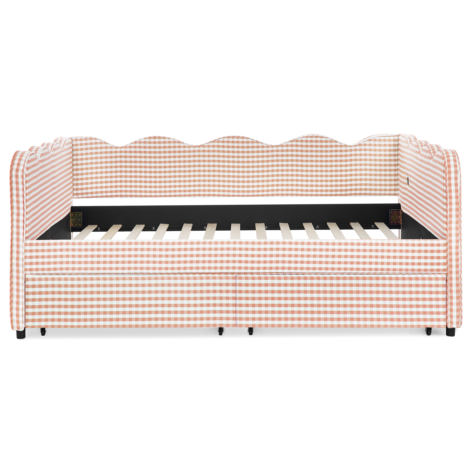 Full Size Cozy Gingham Daybed with Two Storage Drawers, with USB Port and Adorable Wave Shaped, Linen Fabric - Image 6