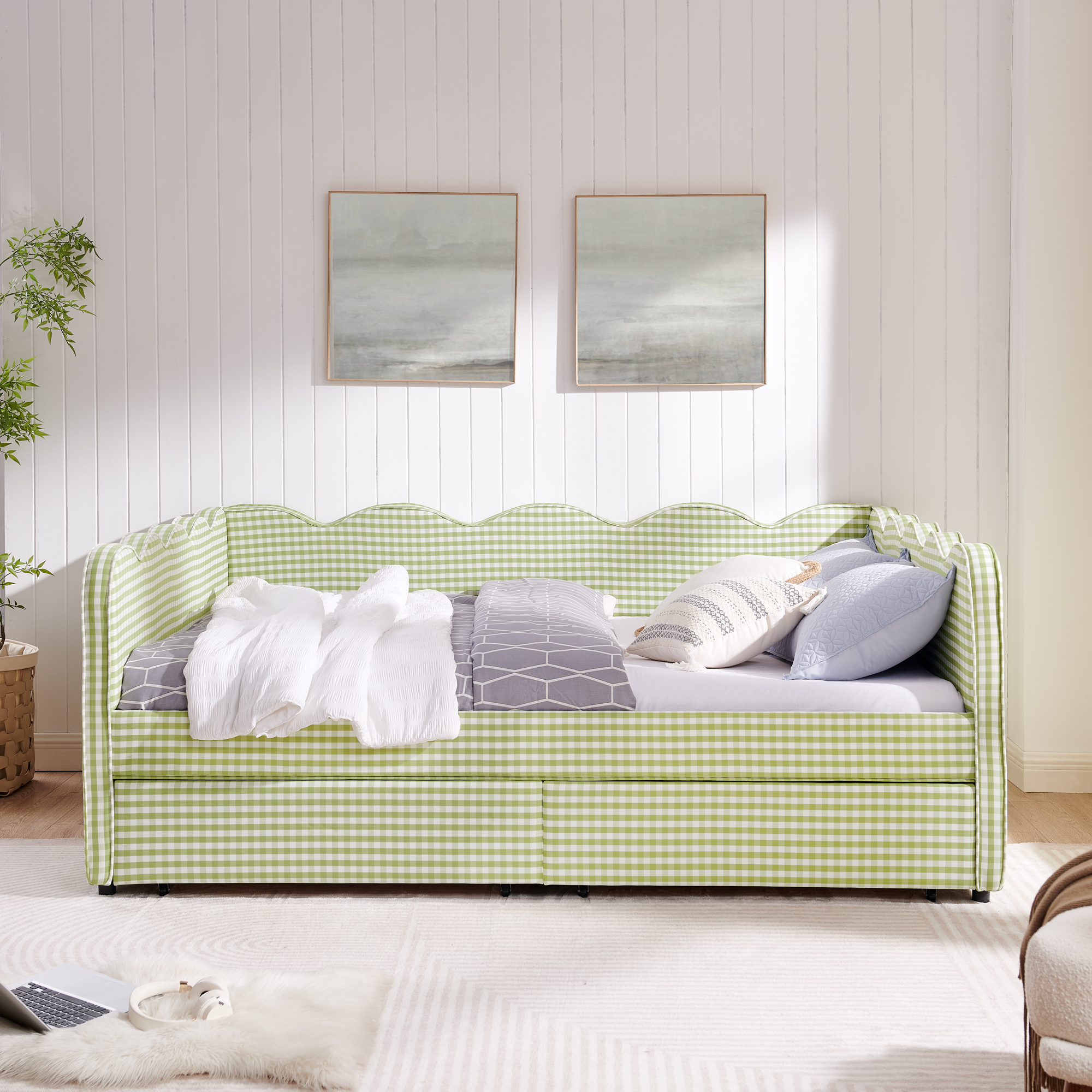 Queen Size Cozy Gingham Daybed with Two Storage Drawers, with USB Port and Adorable Wave Shaped, Linen Fabric - Image 2