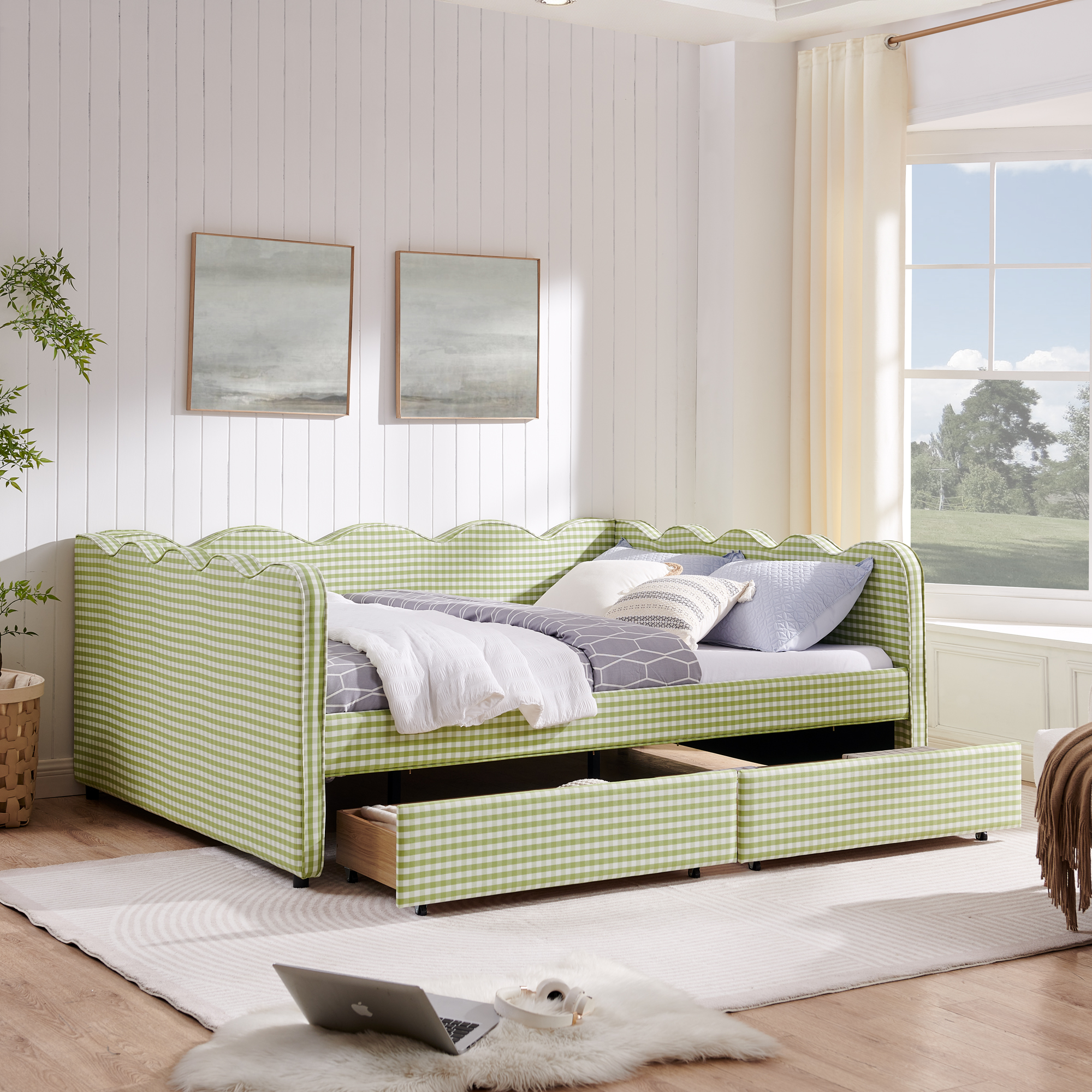 Queen Size Cozy Gingham Daybed with Two Storage Drawers, with USB Port and Adorable Wave Shaped, Linen Fabric - Image 4