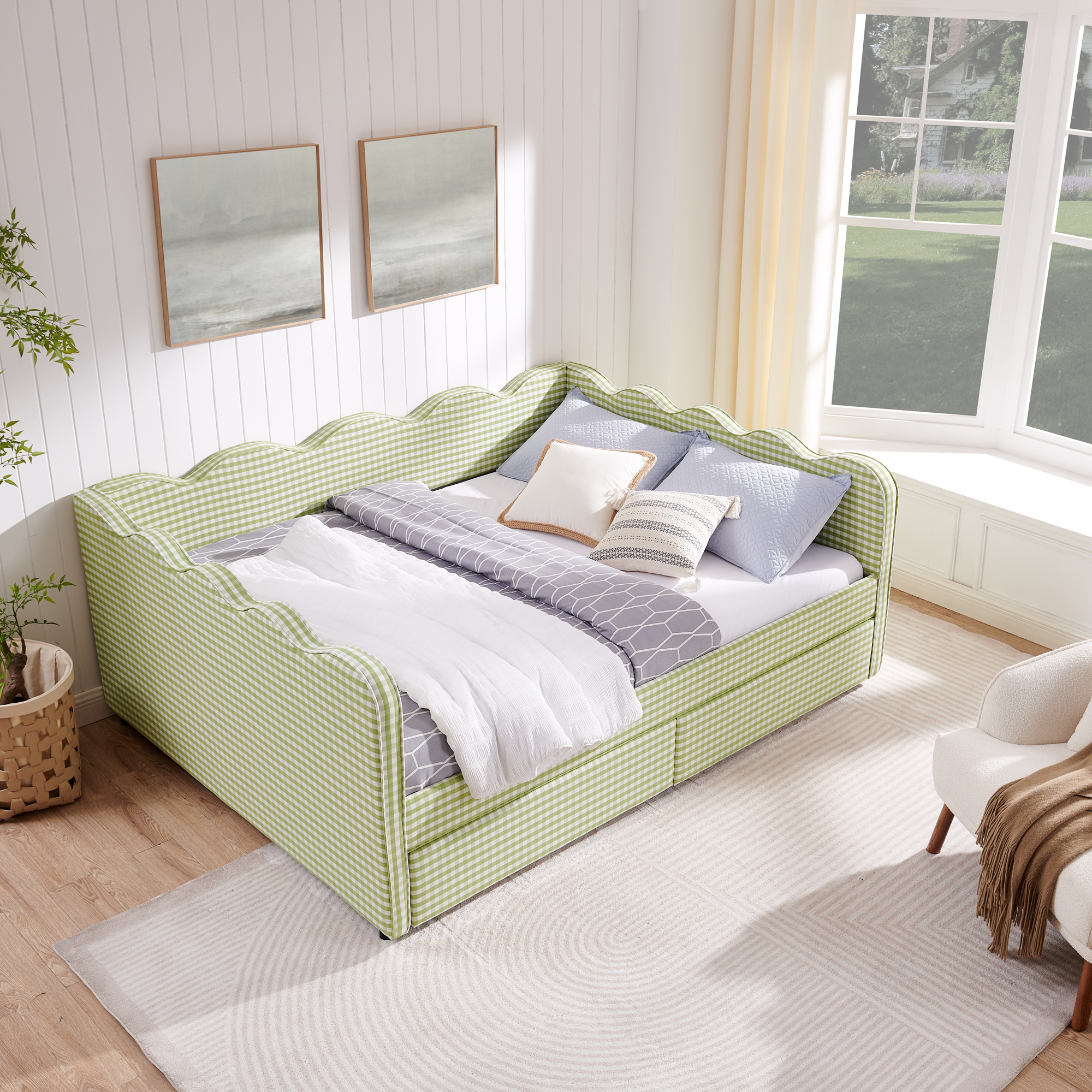 Queen Size Cozy Gingham Daybed with Two Storage Drawers, with USB Port and Adorable Wave Shaped, Linen Fabric - Image 3