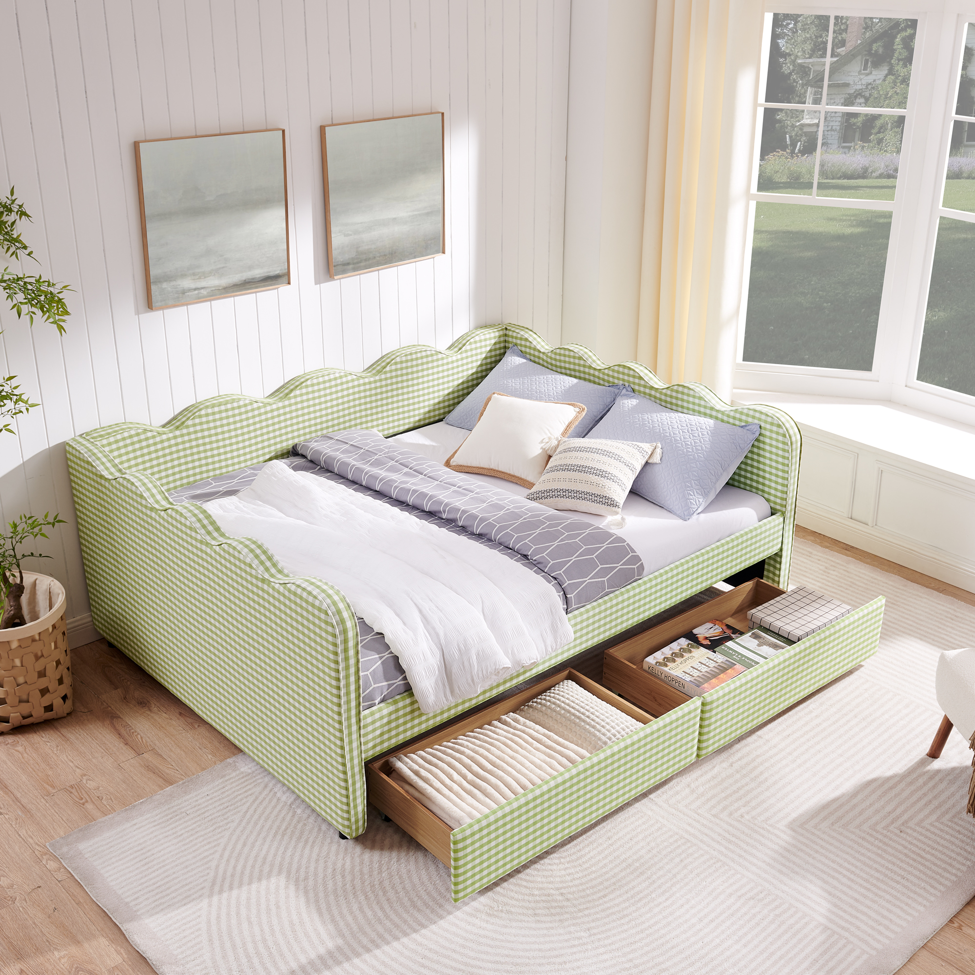 Queen Size Cozy Gingham Daybed with Two Storage Drawers, with USB Port and Adorable Wave Shaped, Linen Fabric - Image 5