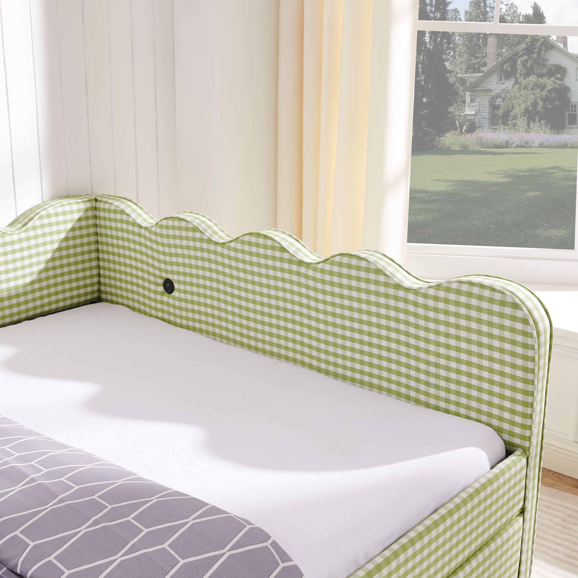 Queen Size Cozy Gingham Daybed with Two Storage Drawers, with USB Port and Adorable Wave Shaped, Linen Fabric - Image 6
