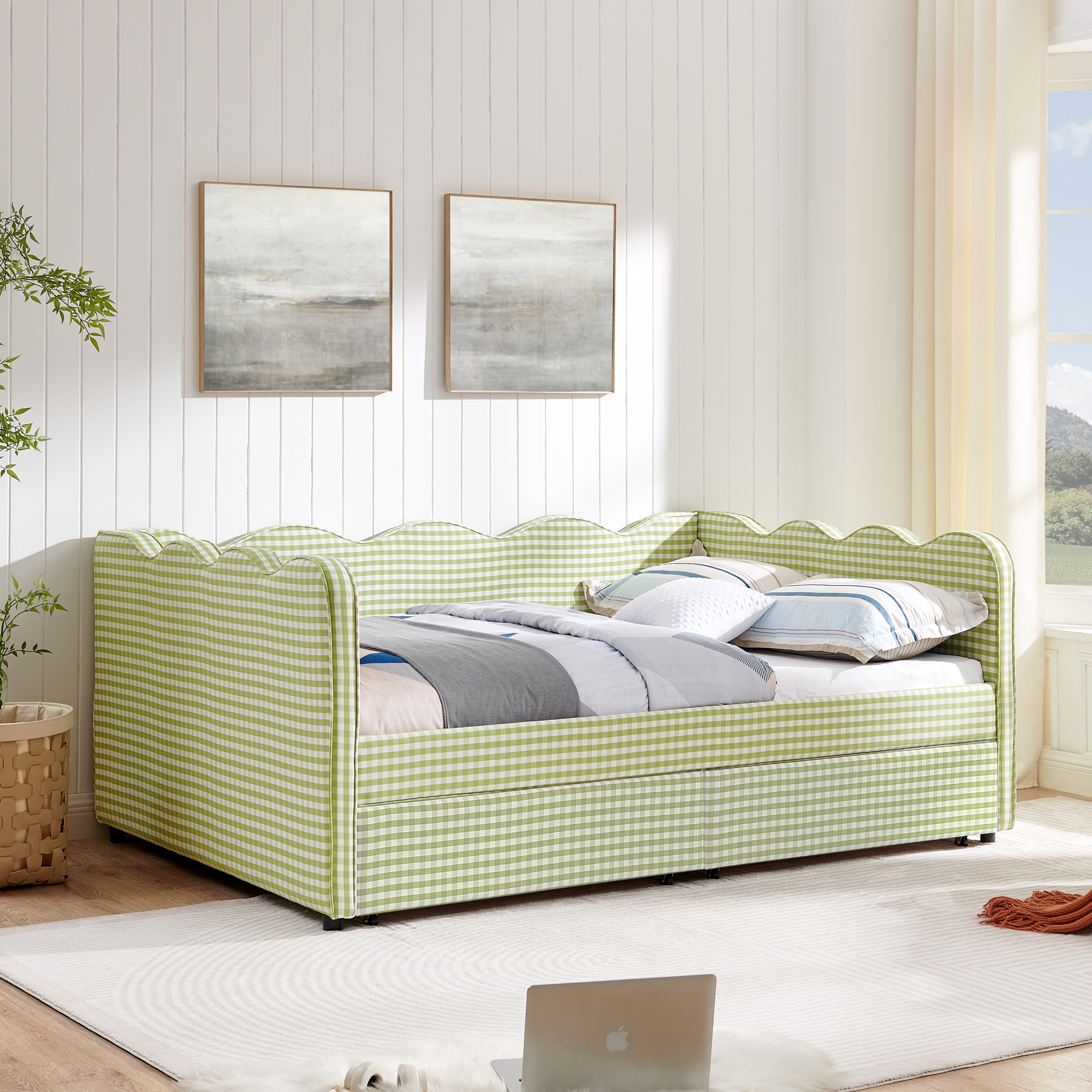 Full Size Cozy Gingham Daybed with Two Storage Drawers, with USB Port and Adorable Wave Shaped, Linen Fabric - Image 2