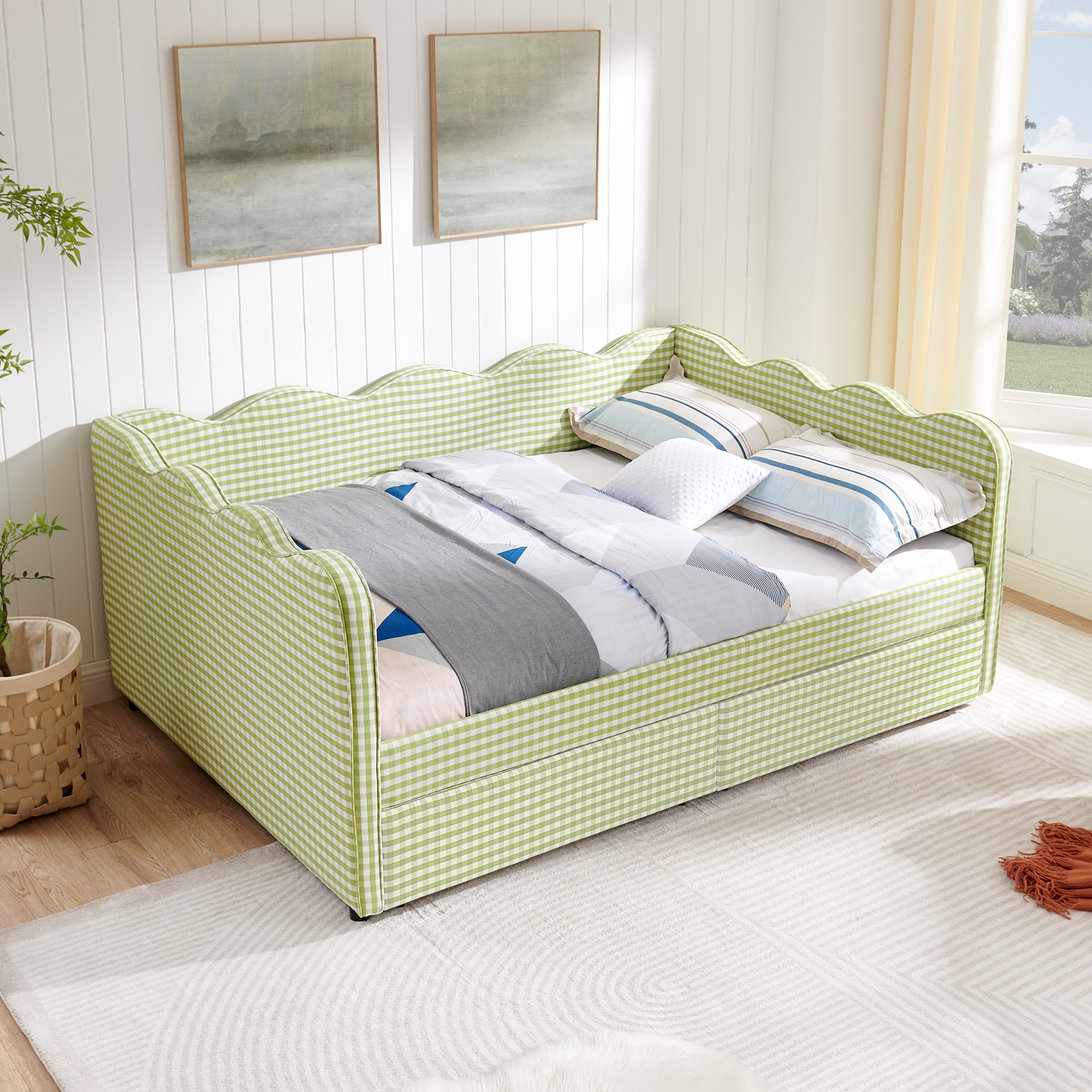 Full Size Cozy Gingham Daybed with Two Storage Drawers, with USB Port and Adorable Wave Shaped, Linen Fabric - Image 3