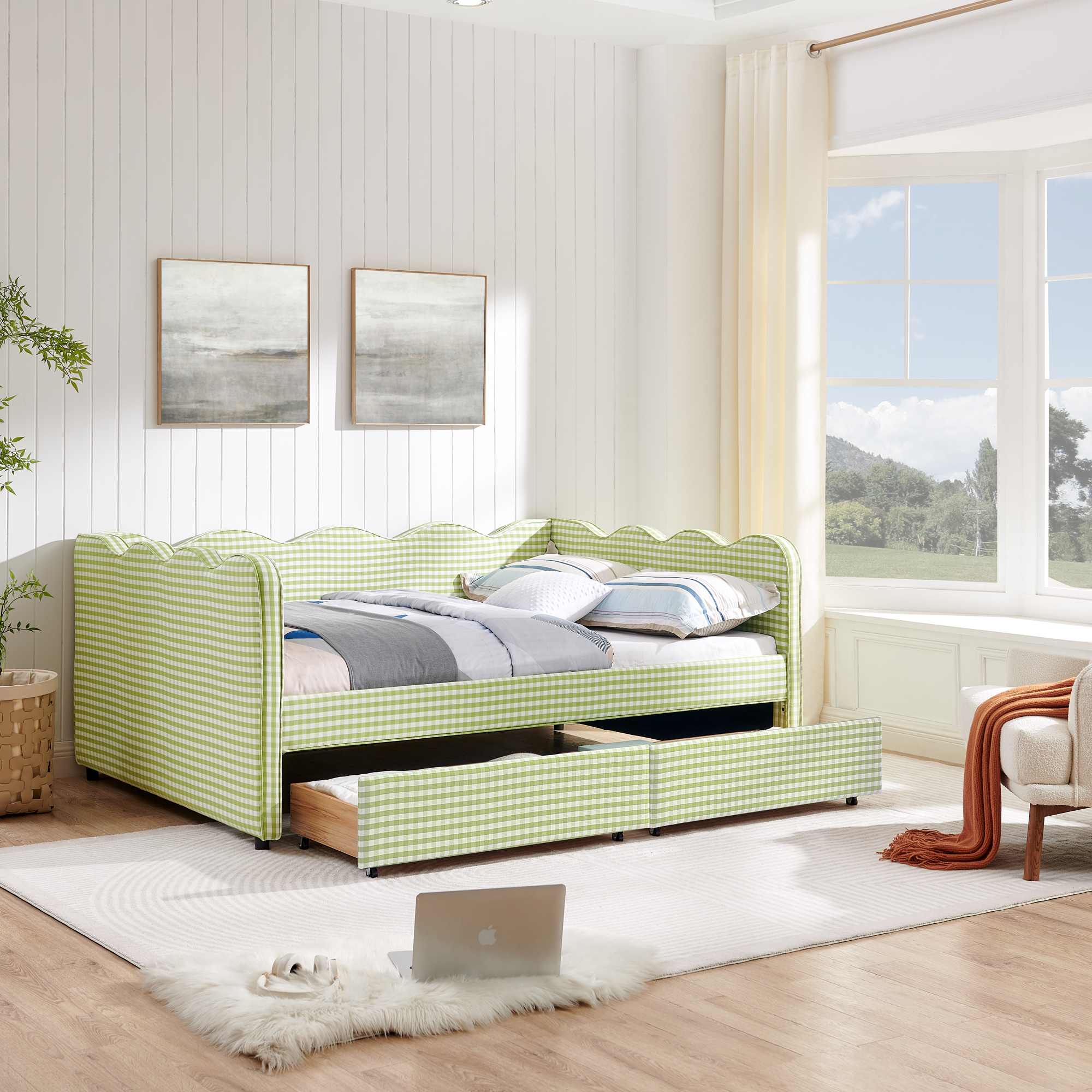 Full Size Cozy Gingham Daybed with Two Storage Drawers, with USB Port and Adorable Wave Shaped, Linen Fabric - Image 4