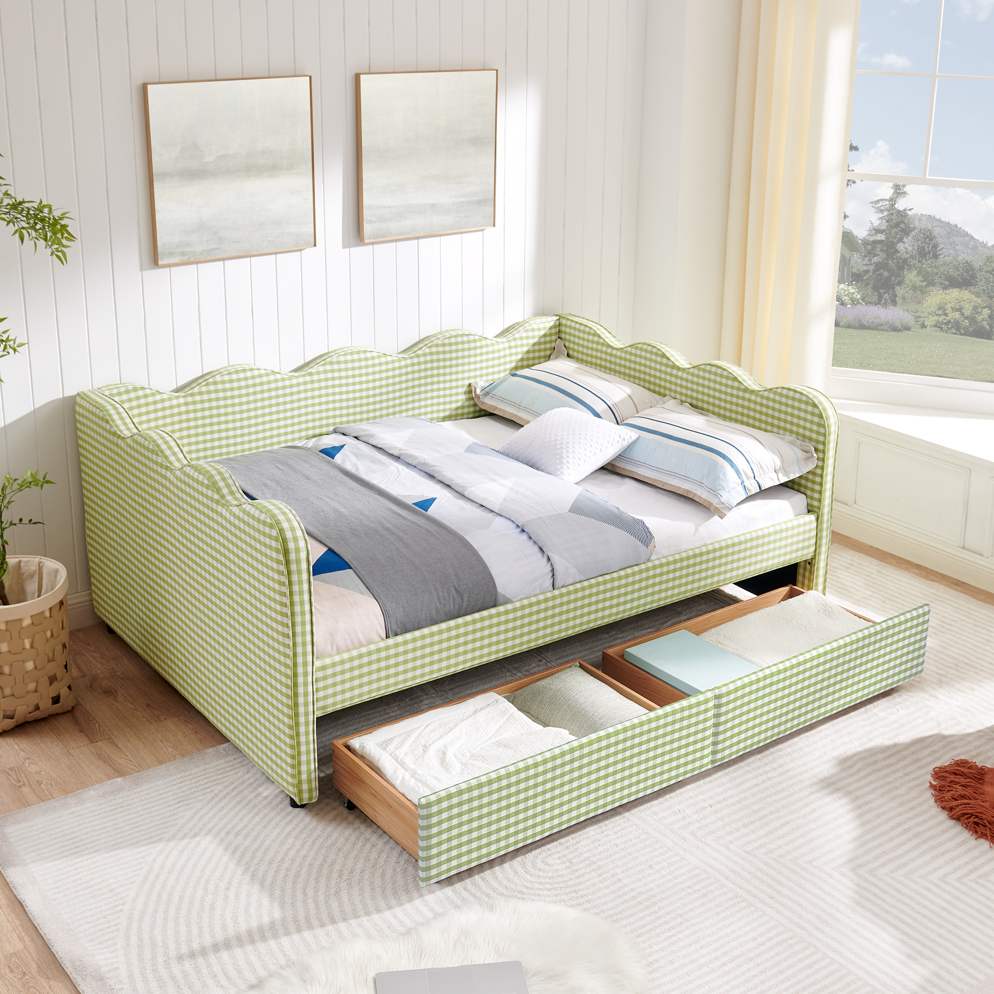 Full Size Cozy Gingham Daybed with Two Storage Drawers, with USB Port and Adorable Wave Shaped, Linen Fabric - Image 5