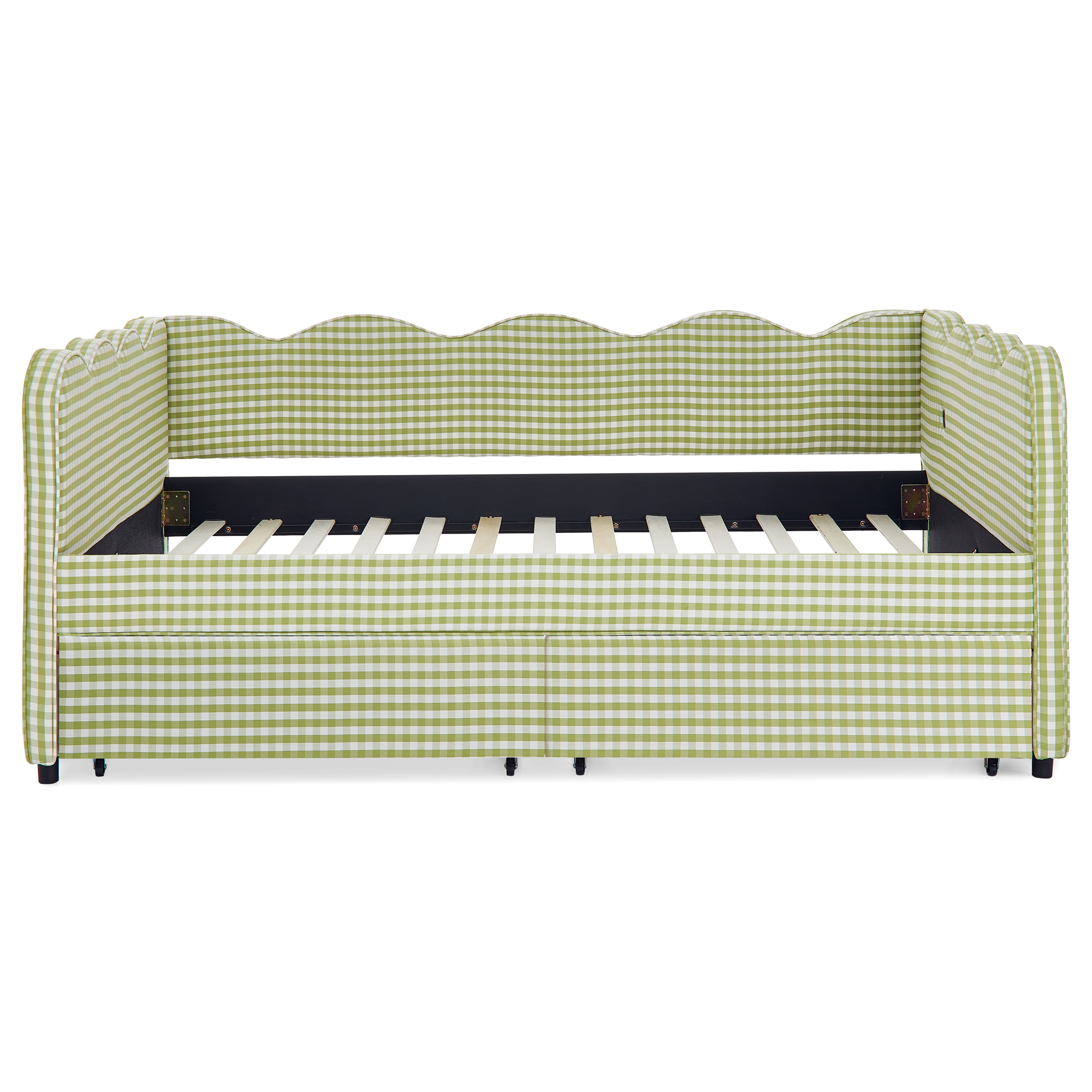 Full Size Cozy Gingham Daybed with Two Storage Drawers, with USB Port and Adorable Wave Shaped, Linen Fabric - Image 6