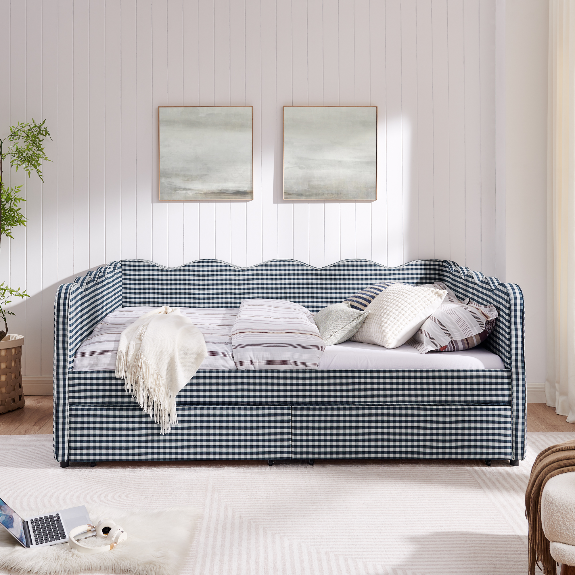 Queen Size Cozy Gingham Daybed with Two Storage Drawers, with USB Port and Adorable Wave Shaped, Linen Fabric - Image 2