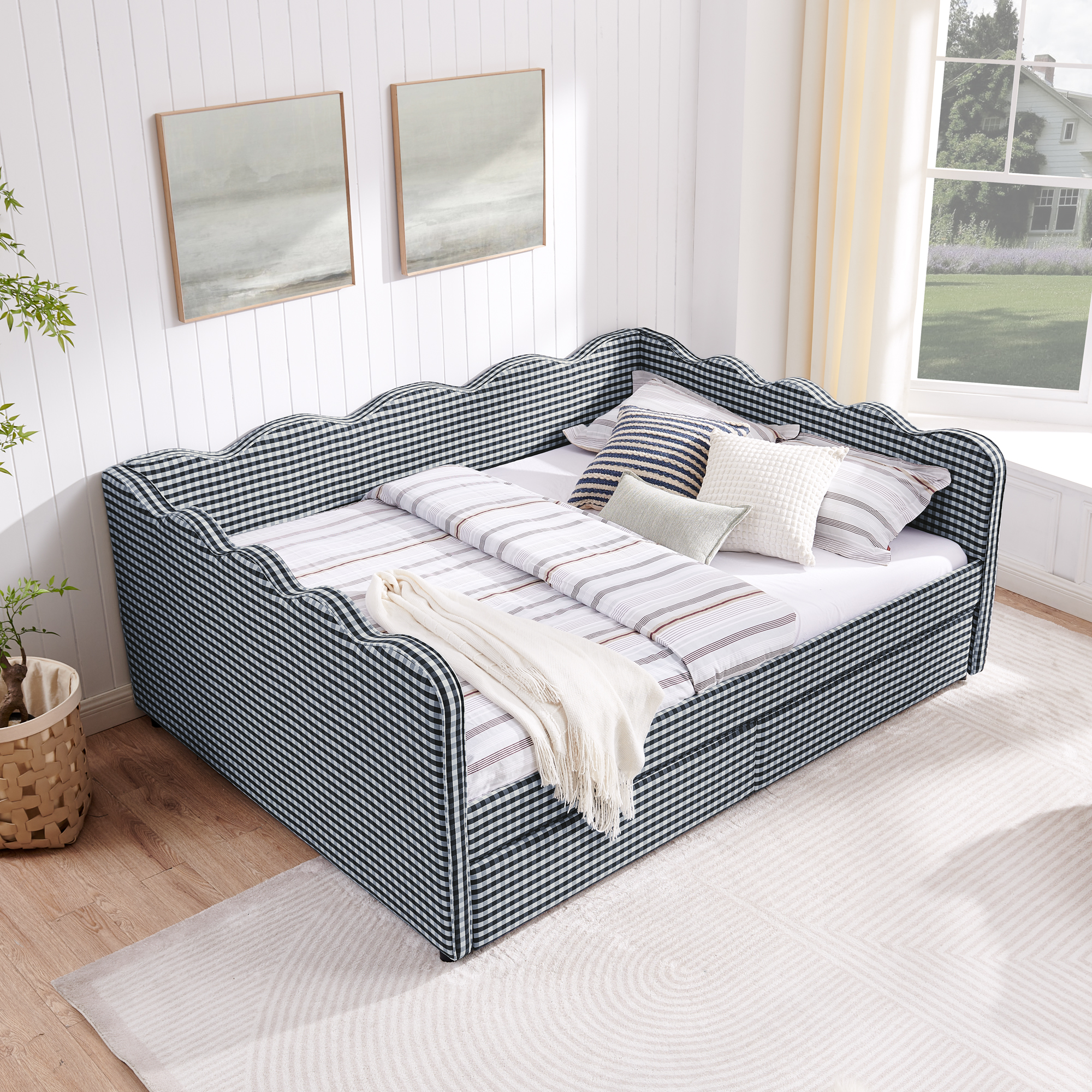 Queen Size Cozy Gingham Daybed with Two Storage Drawers, with USB Port and Adorable Wave Shaped, Linen Fabric - Image 3