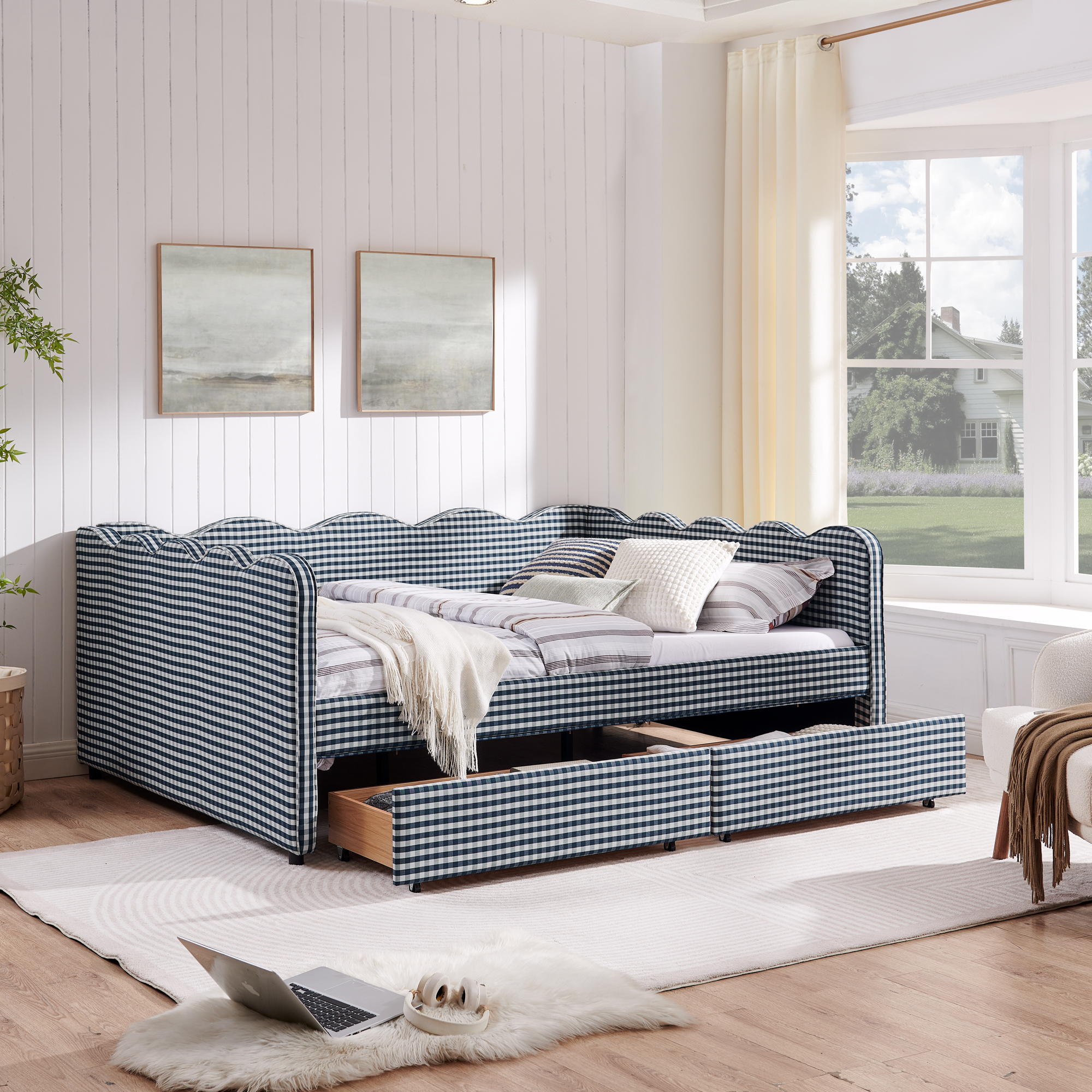 Queen Size Cozy Gingham Daybed with Two Storage Drawers, with USB Port and Adorable Wave Shaped, Linen Fabric - Image 4