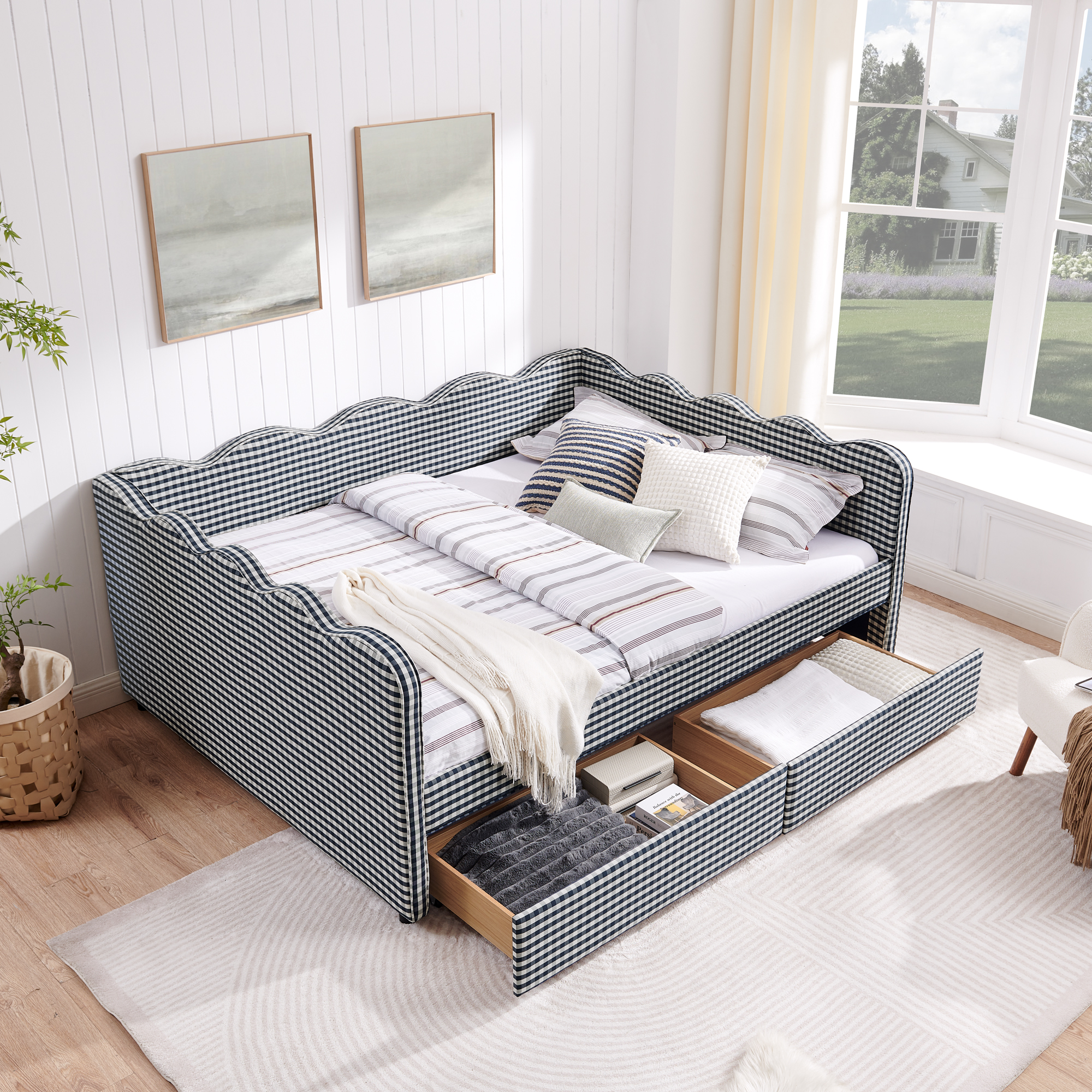Queen Size Cozy Gingham Daybed with Two Storage Drawers, with USB Port and Adorable Wave Shaped, Linen Fabric - Image 5