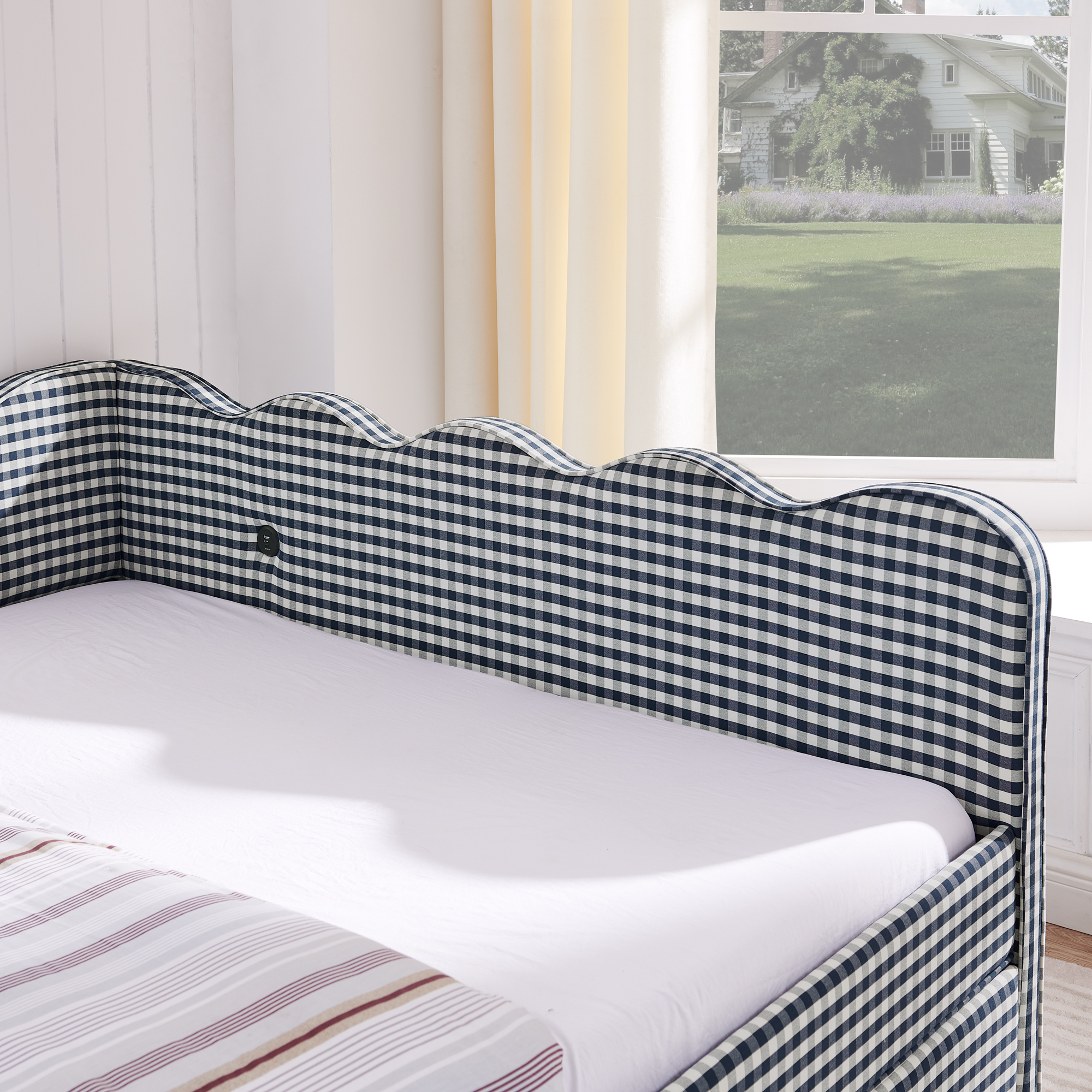 Queen Size Cozy Gingham Daybed with Two Storage Drawers, with USB Port and Adorable Wave Shaped, Linen Fabric - Image 6