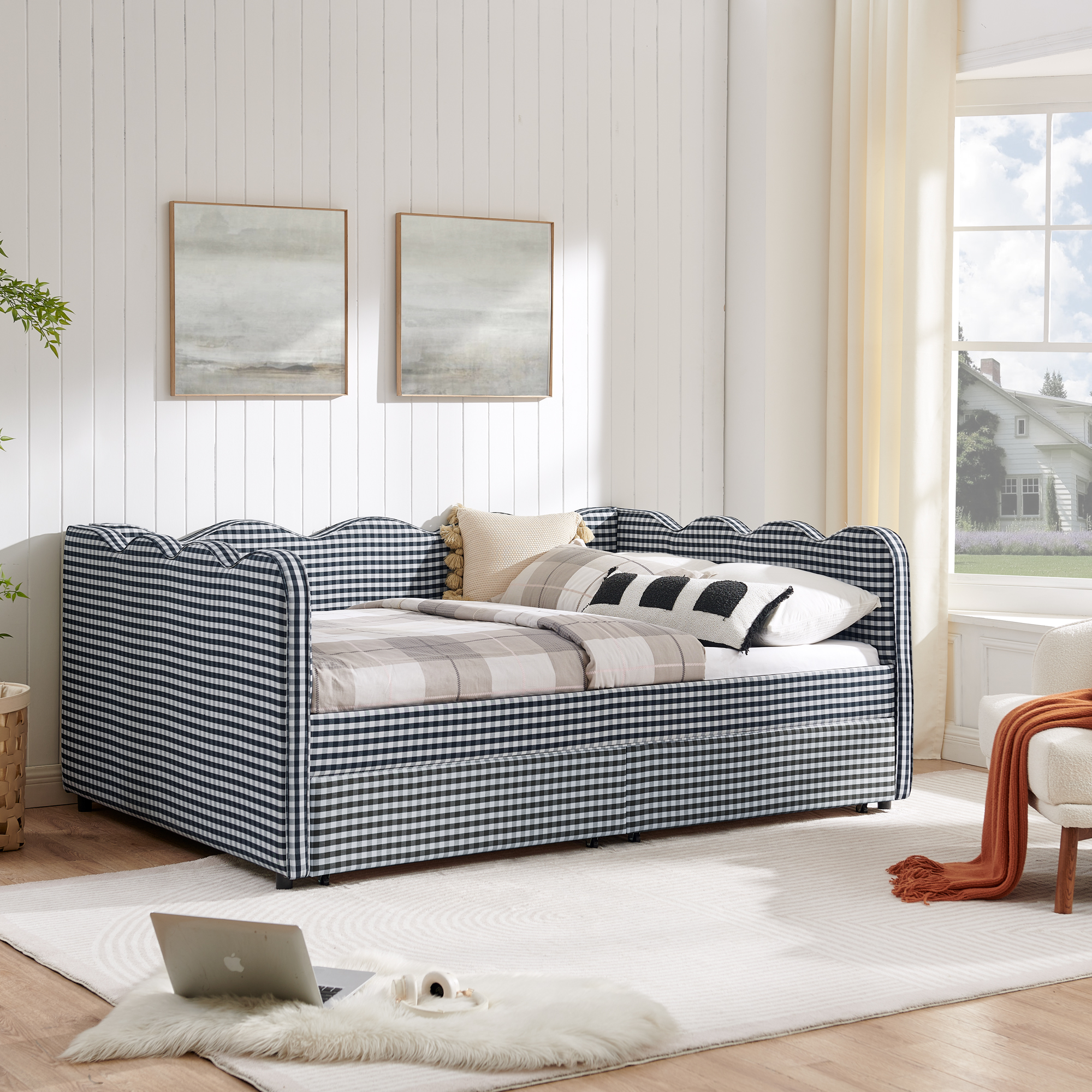 Full Size Cozy Gingham Daybed with Two Storage Drawers, with USB Port and Adorable Wave Shaped, Linen Fabric - Image 2