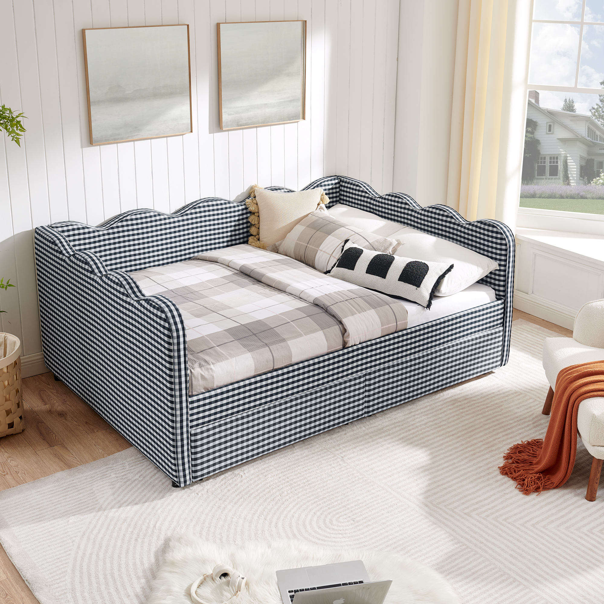 Full Size Cozy Gingham Daybed with Two Storage Drawers, with USB Port and Adorable Wave Shaped, Linen Fabric - Image 3