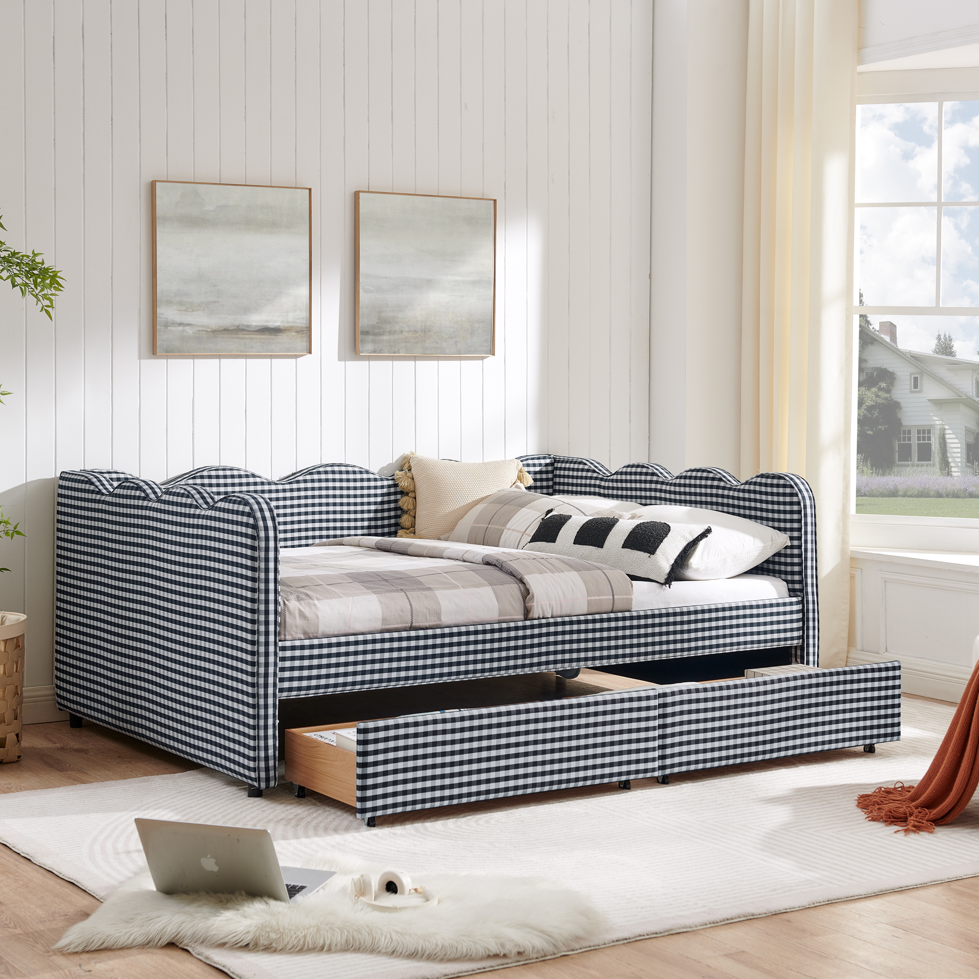 Full Size Cozy Gingham Daybed with Two Storage Drawers, with USB Port and Adorable Wave Shaped, Linen Fabric - Image 4
