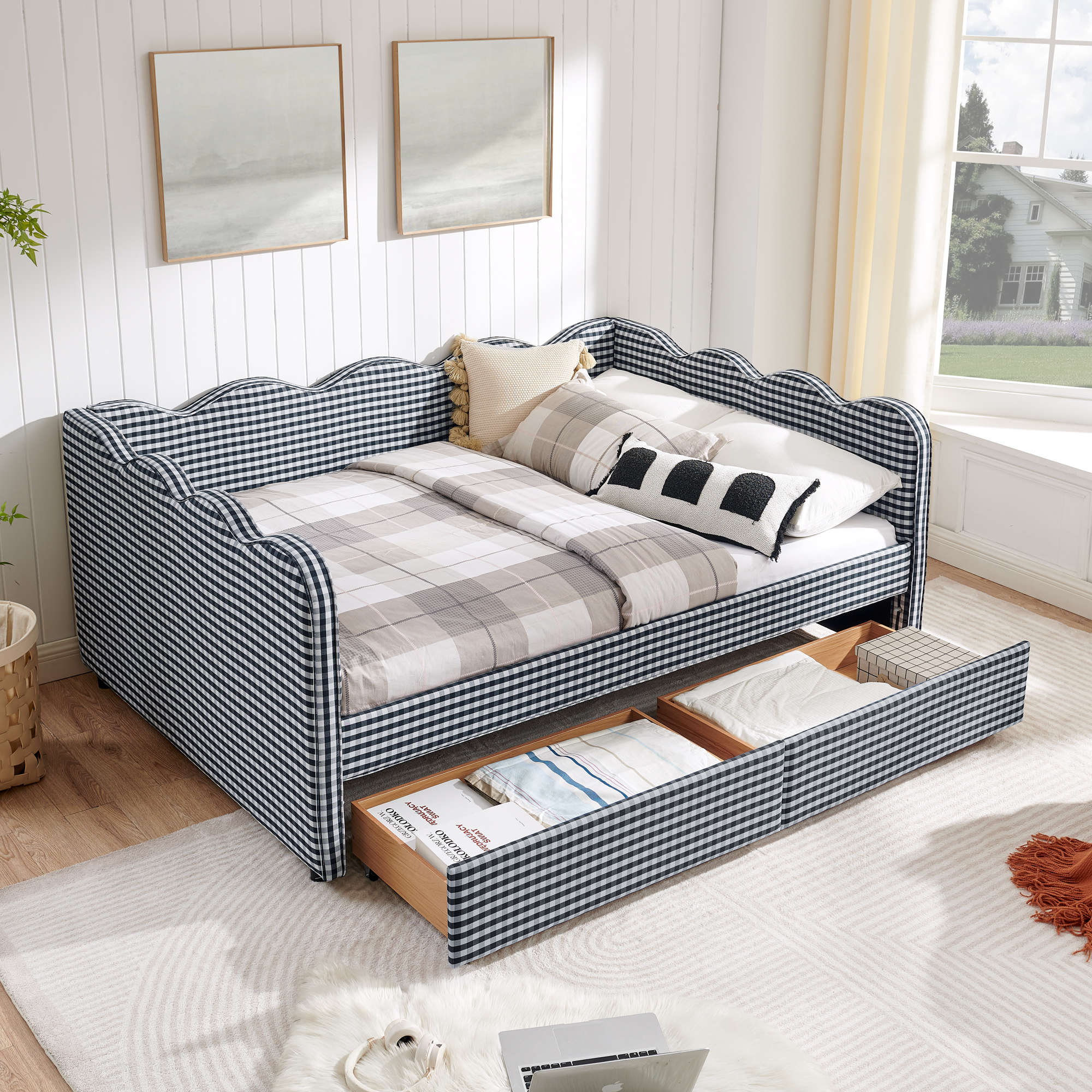 Full Size Cozy Gingham Daybed with Two Storage Drawers, with USB Port and Adorable Wave Shaped, Linen Fabric - Image 5