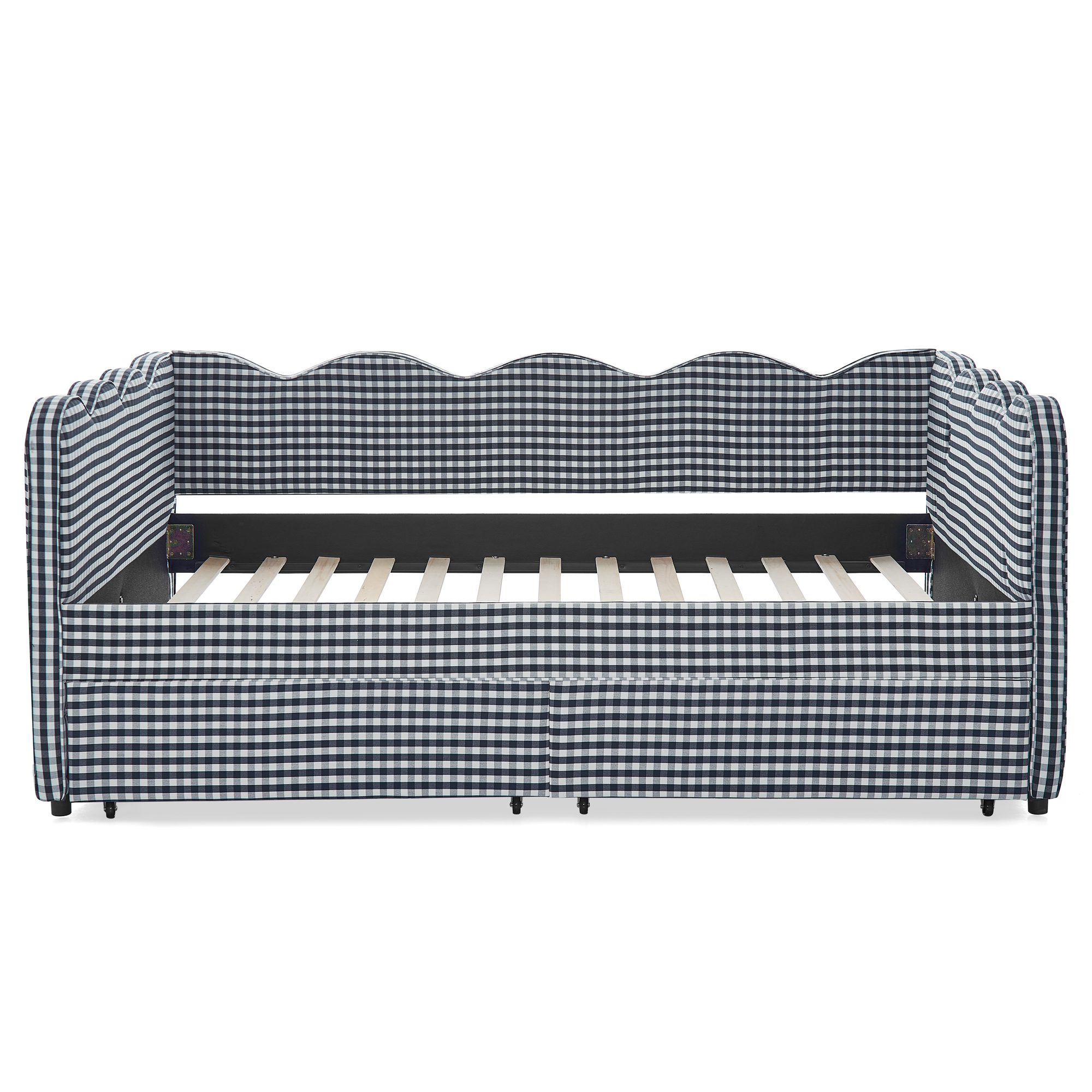 Full Size Cozy Gingham Daybed with Two Storage Drawers, with USB Port and Adorable Wave Shaped, Linen Fabric - Image 6