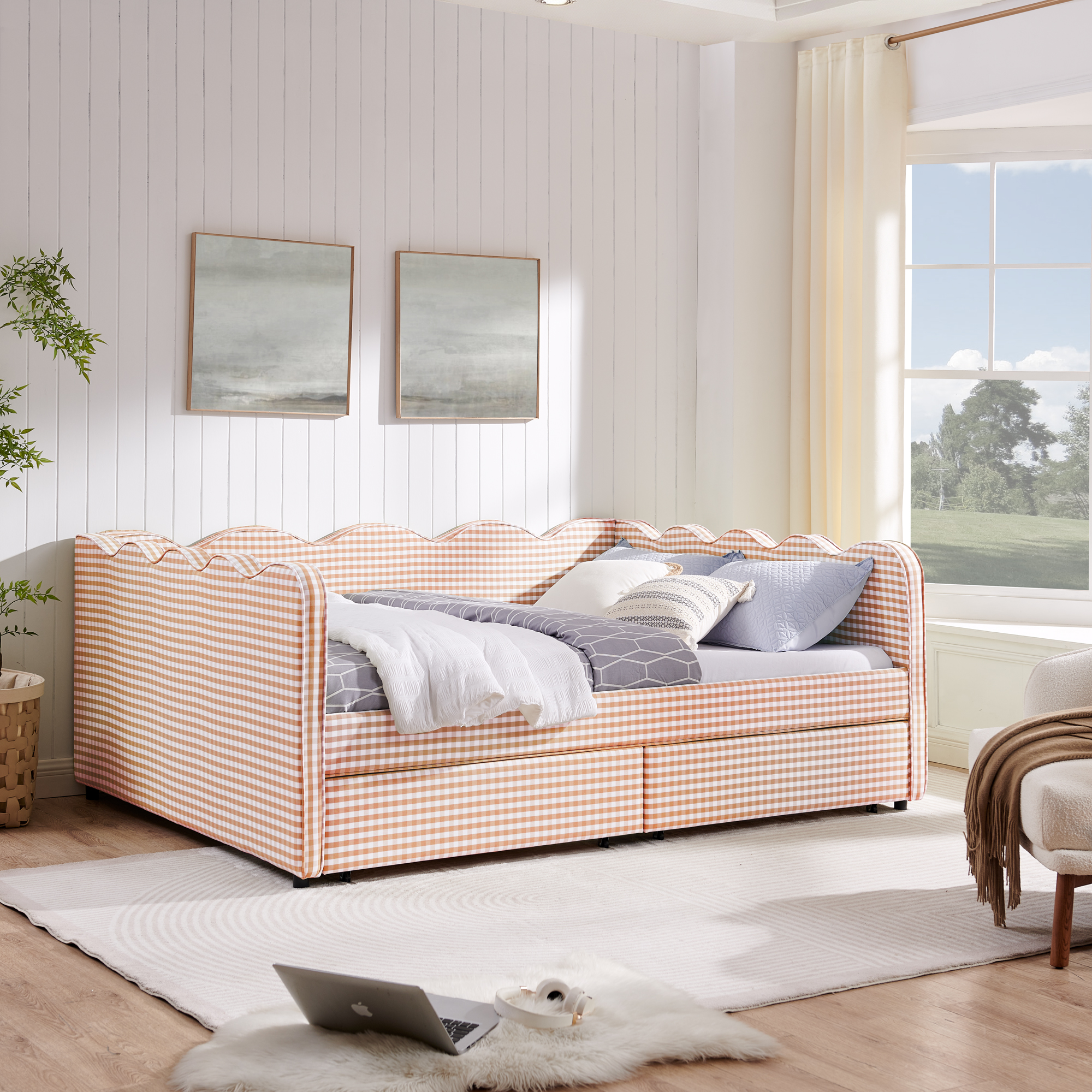 Queen Size Cozy Gingham Daybed with Two Storage Drawers, with USB Port and Adorable Wave Shaped, Linen Fabric - Image 1