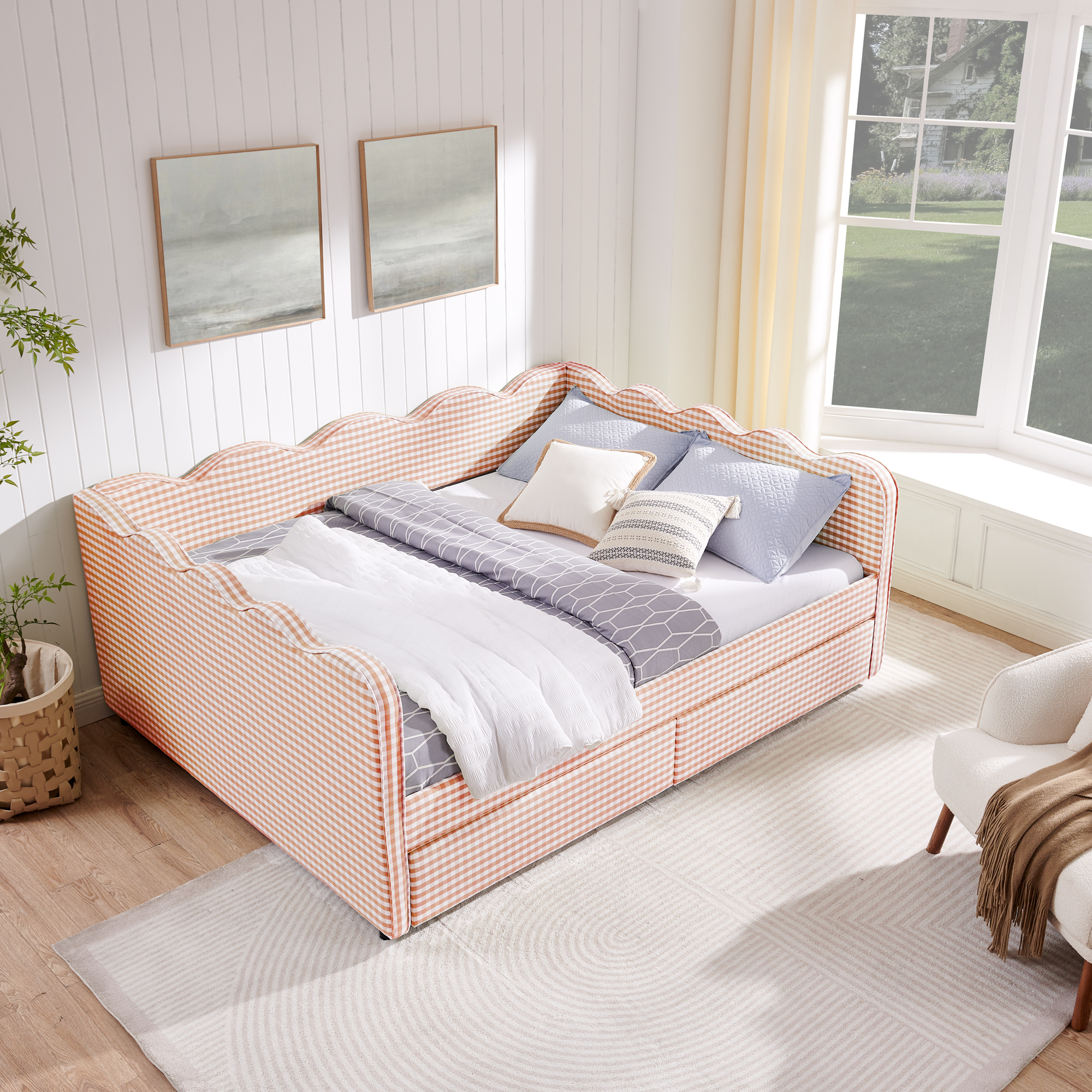 Queen Size Cozy Gingham Daybed with Two Storage Drawers, with USB Port and Adorable Wave Shaped, Linen Fabric - Image 3
