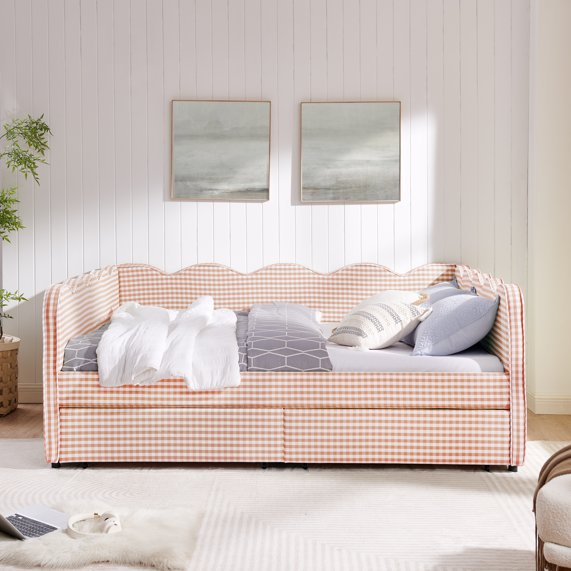 Queen Size Cozy Gingham Daybed with Two Storage Drawers, with USB Port and Adorable Wave Shaped, Linen Fabric - Image 2