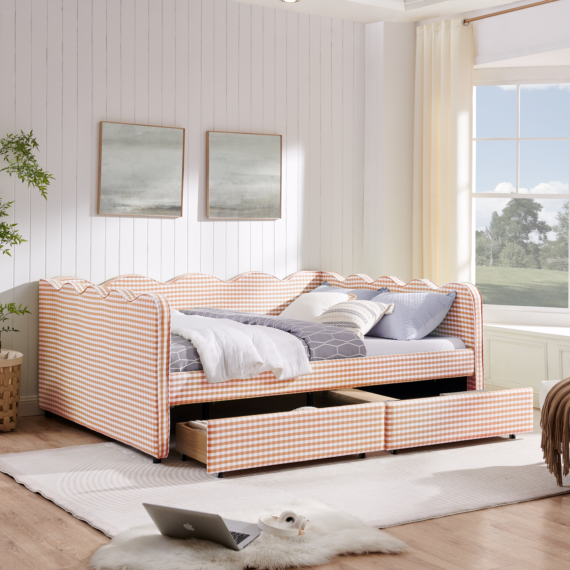 Queen Size Cozy Gingham Daybed with Two Storage Drawers, with USB Port and Adorable Wave Shaped, Linen Fabric - Image 4