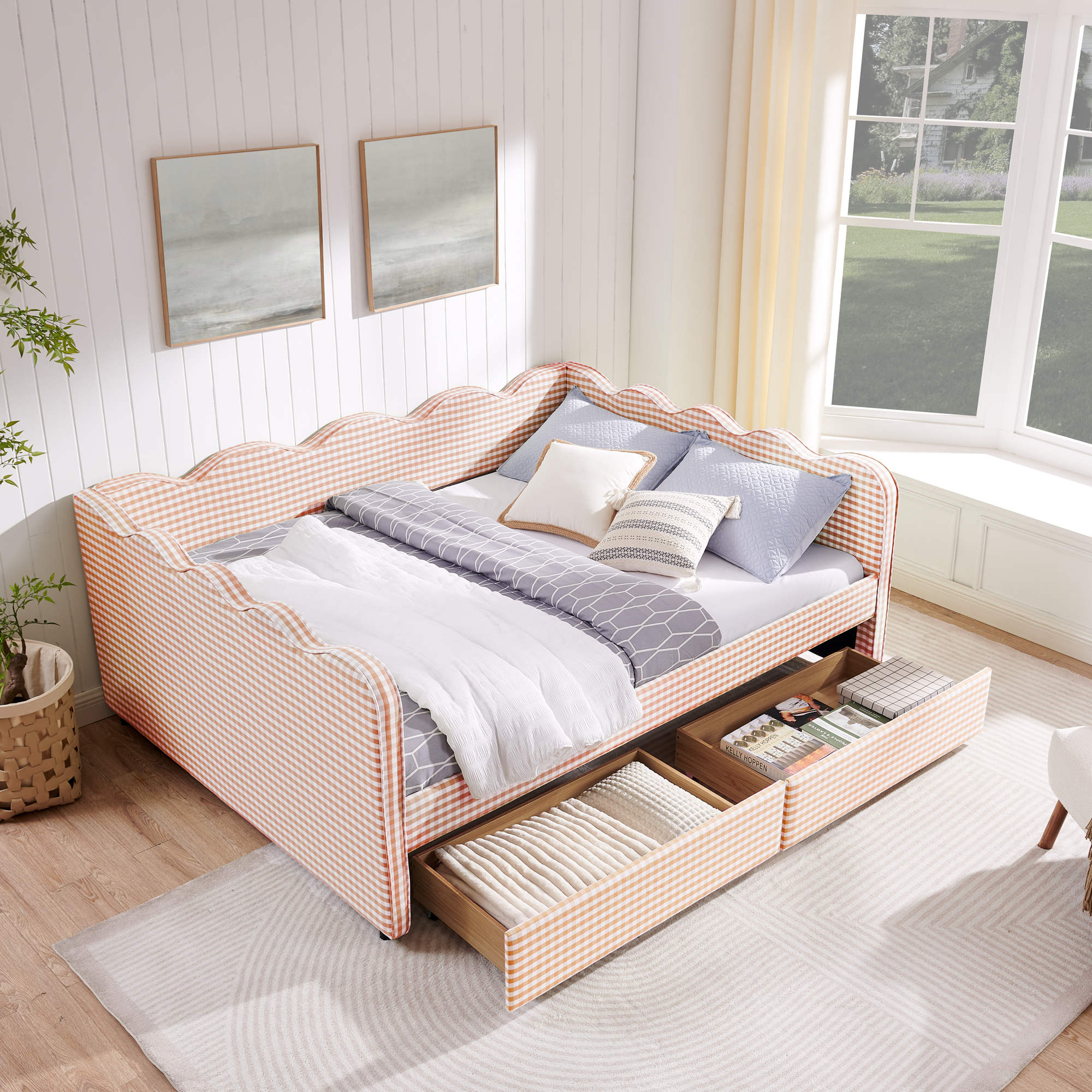 Queen Size Cozy Gingham Daybed with Two Storage Drawers, with USB Port and Adorable Wave Shaped, Linen Fabric - Image 5