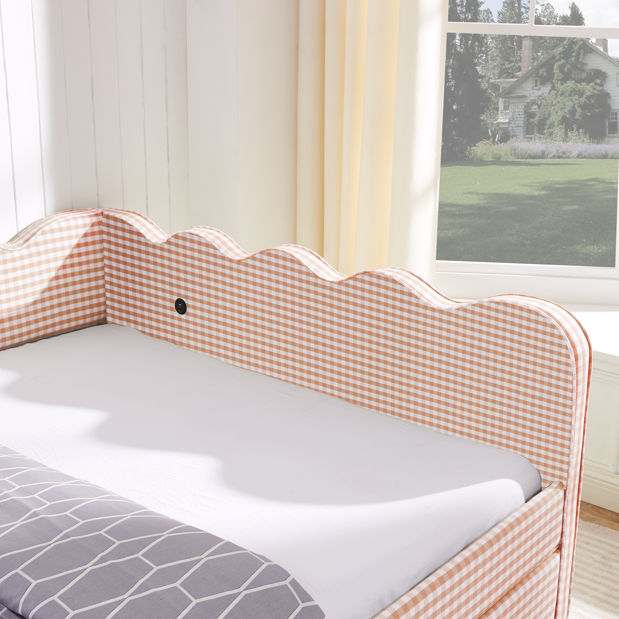 Queen Size Cozy Gingham Daybed with Two Storage Drawers, with USB Port and Adorable Wave Shaped, Linen Fabric - Image 6
