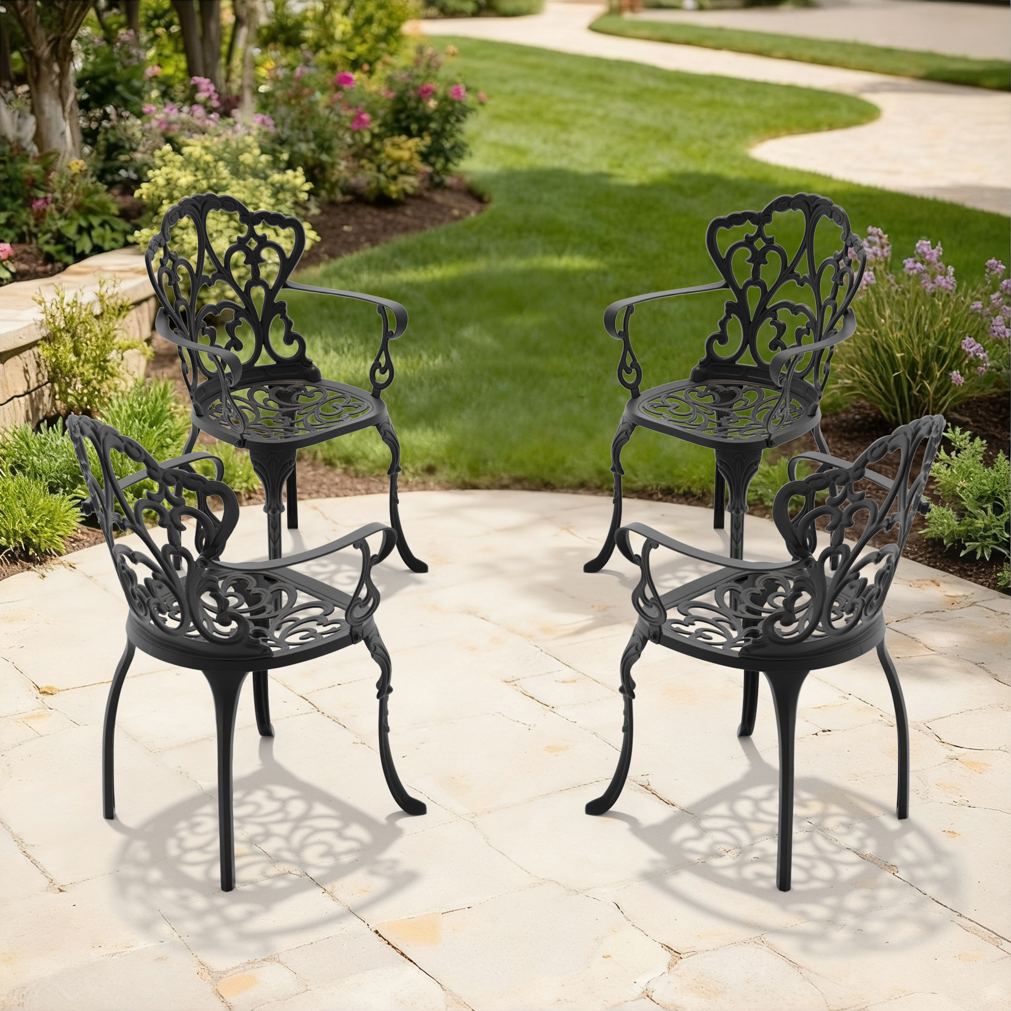 Cast Aluminum Patio Dining Chair 4PCS With Black Frame and Off-white Cushions (same sku:W1710P166006) - Image 2