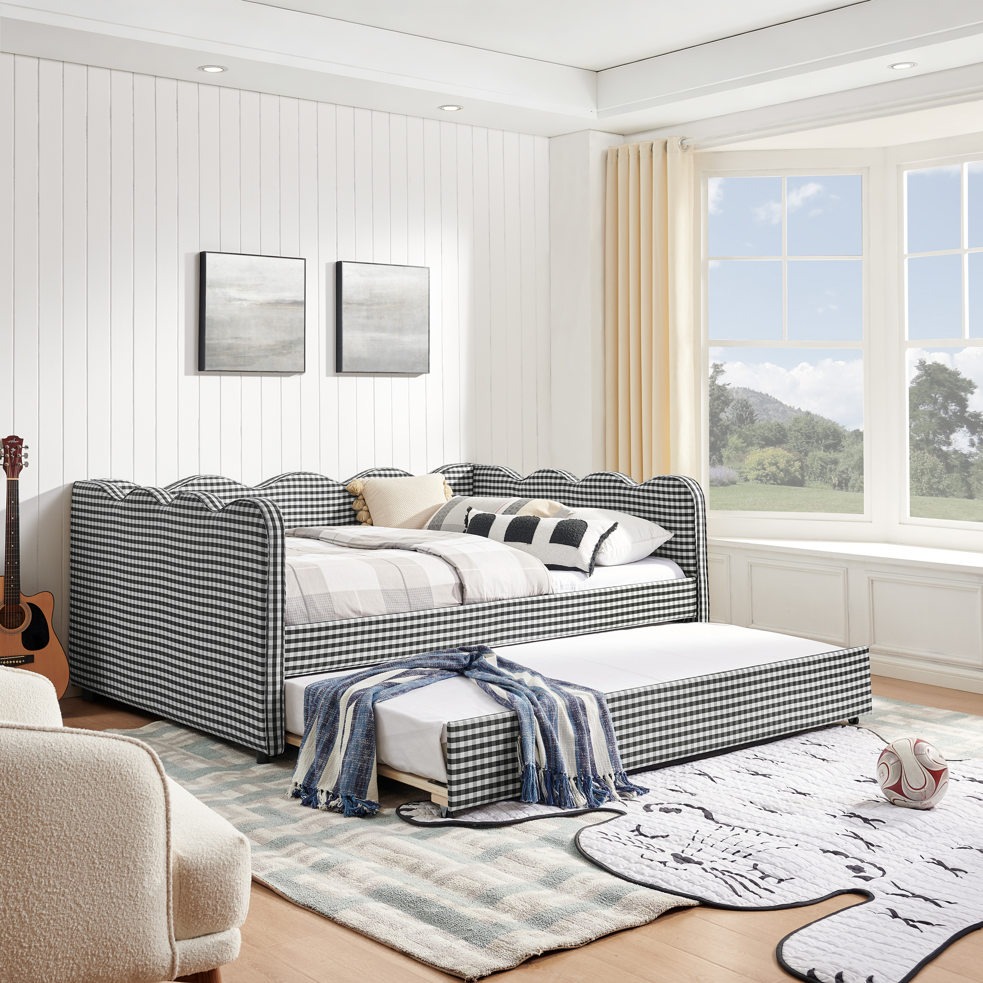 Full Size Cozy Gingham Daybed with Twin Size Trundle No Box Spring Needed, with USB Port and Adorable Wave Shaped, Linen Fabric - Image 2